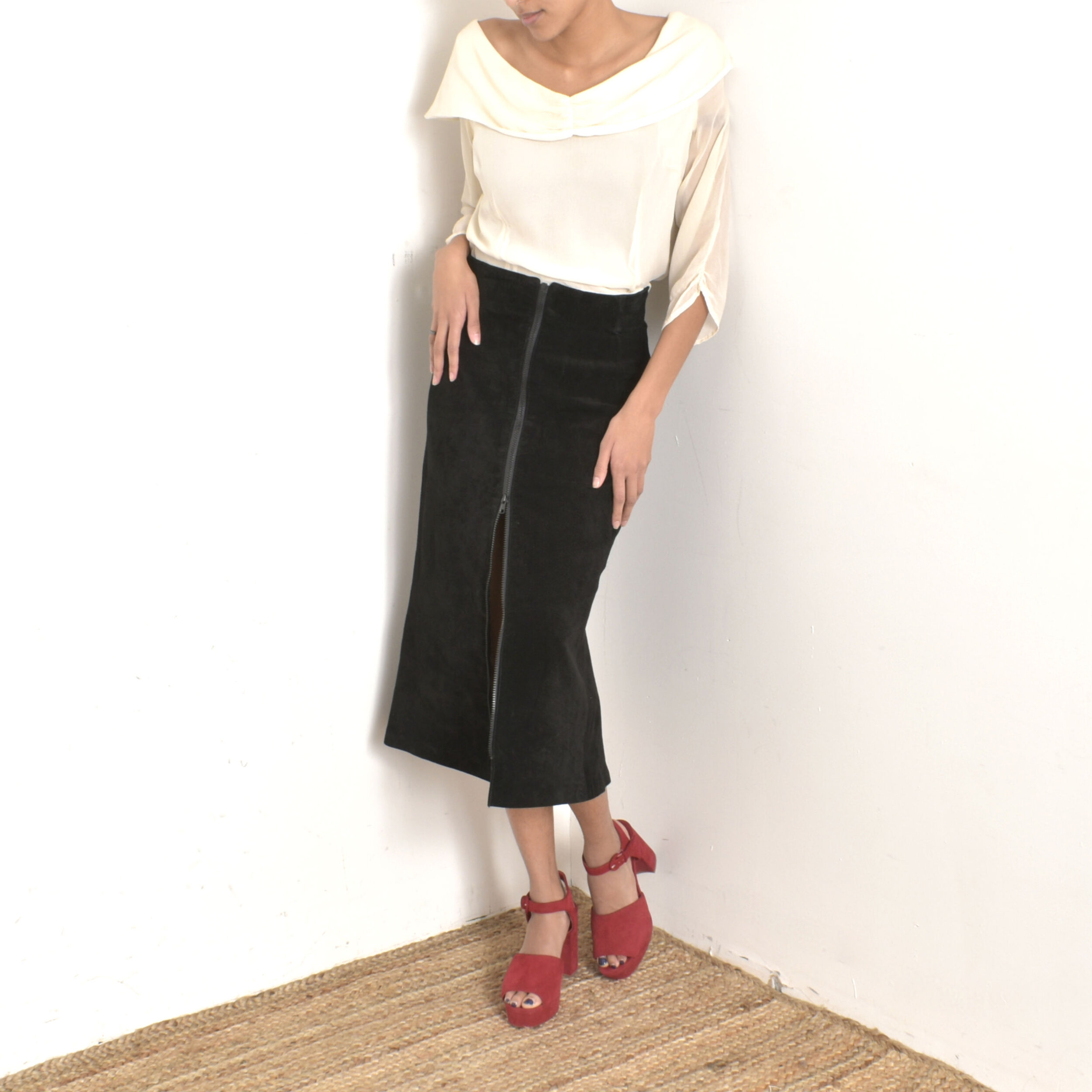 1980s Zip Front Suede Midi Skirt-small