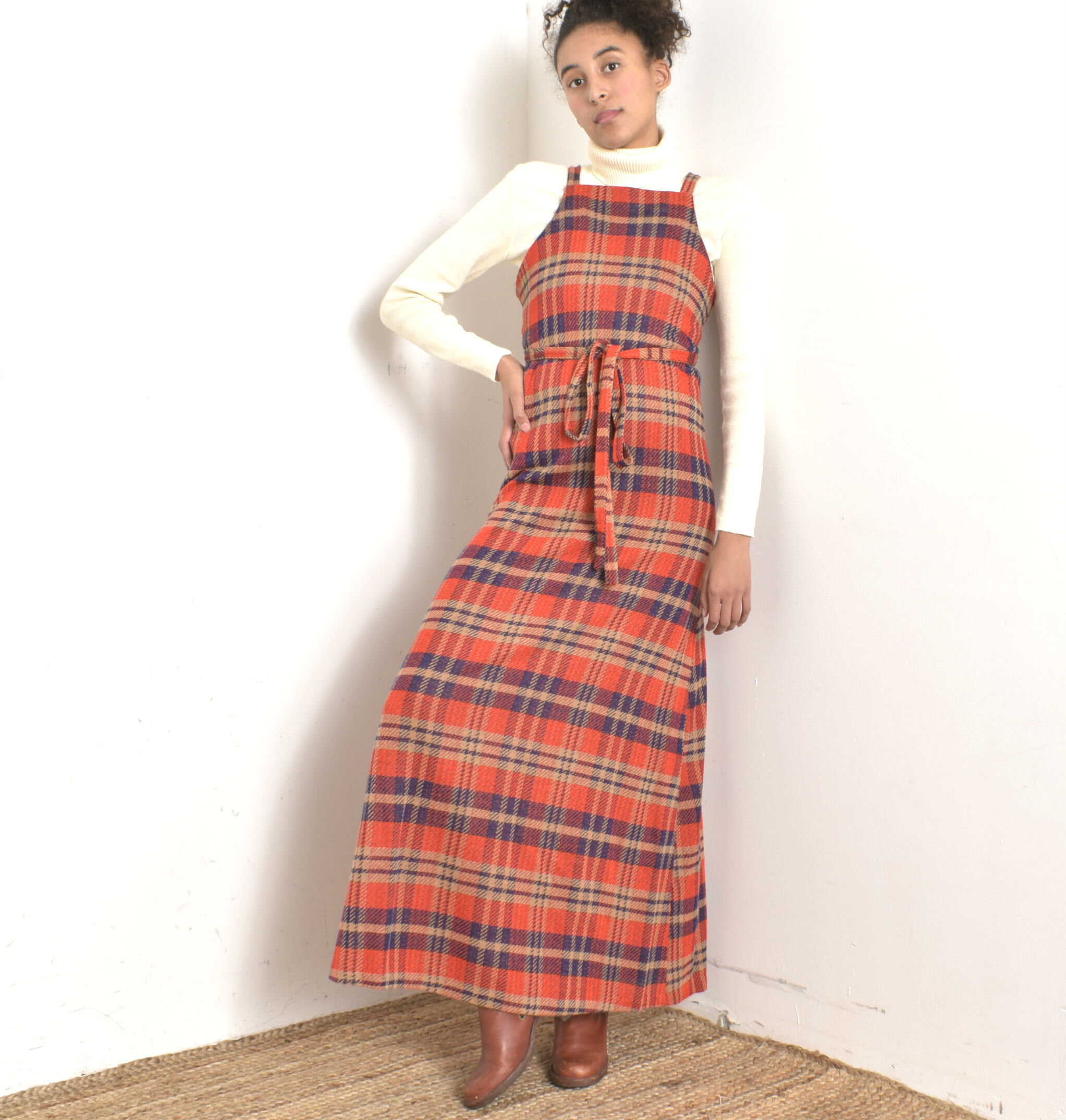 1970s Plaid Knit Maxi Dress-XS/S