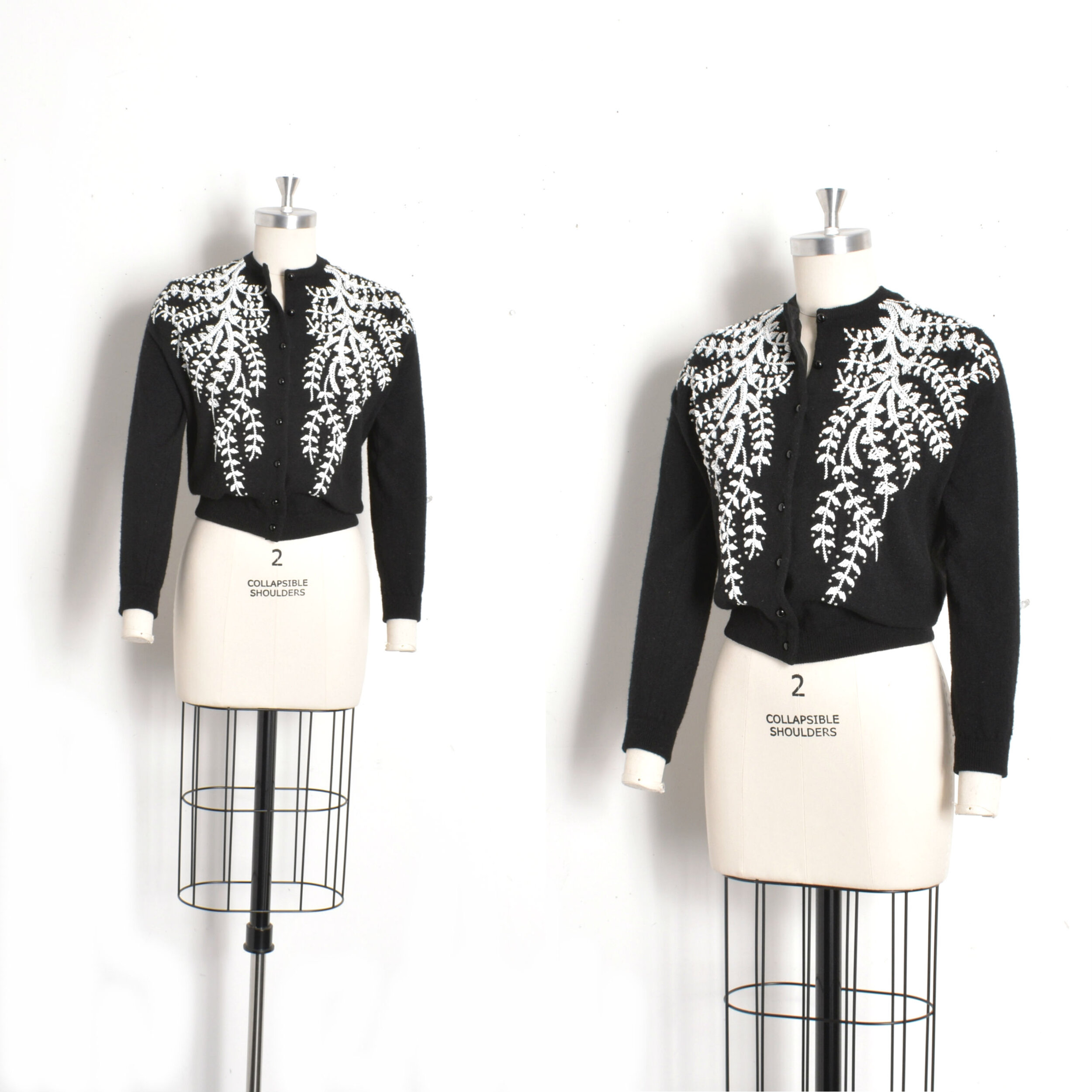 1950s Black and White Beaded Leaf Cardigan-S/M
