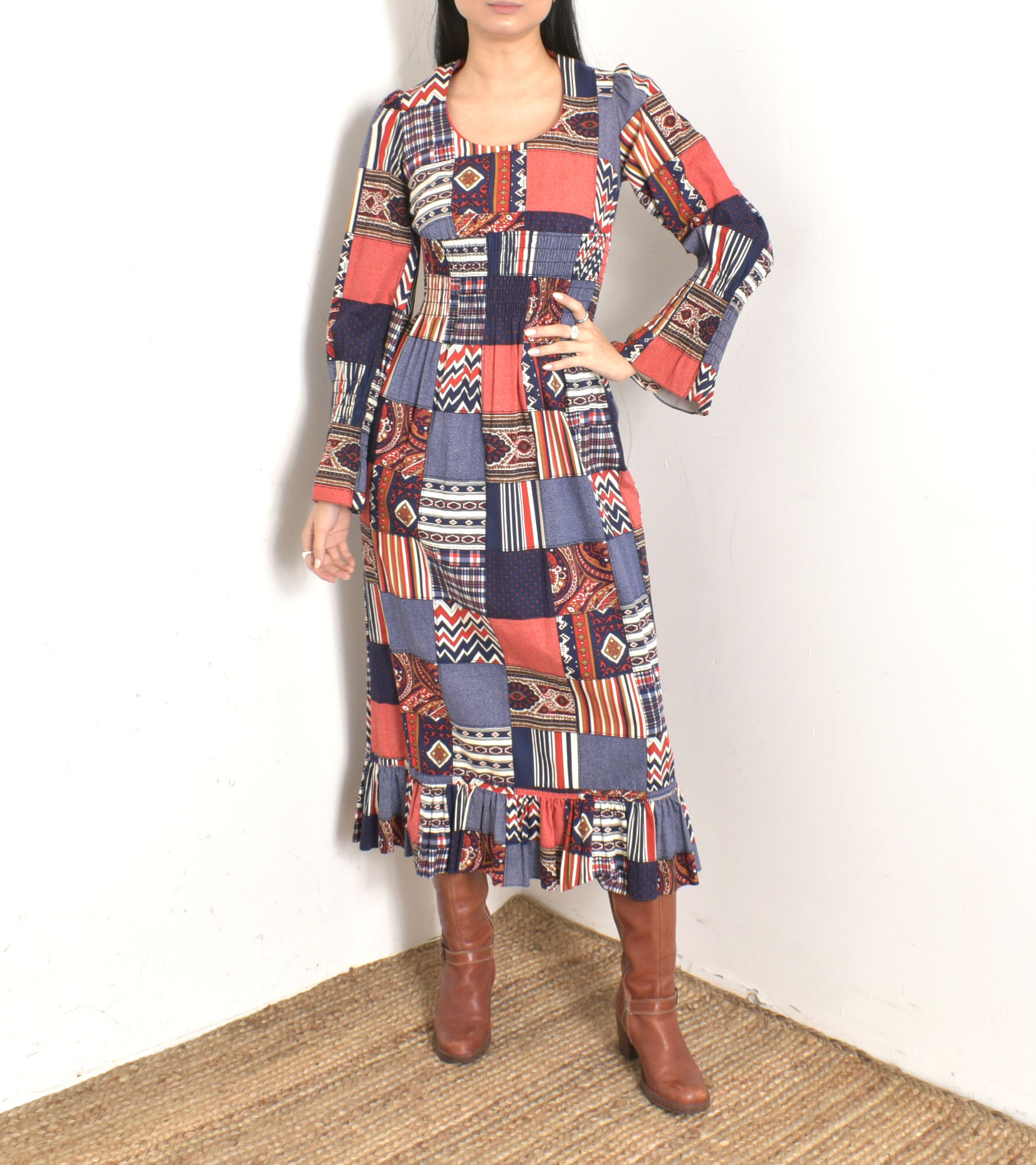 1970s Patchwork Print Maxi Dress-medium