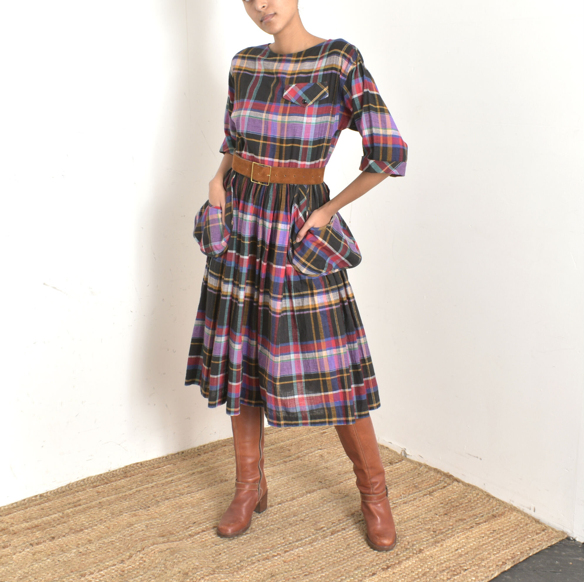 1980s Plaid Cotton Exposed Pocket Dress-S/M