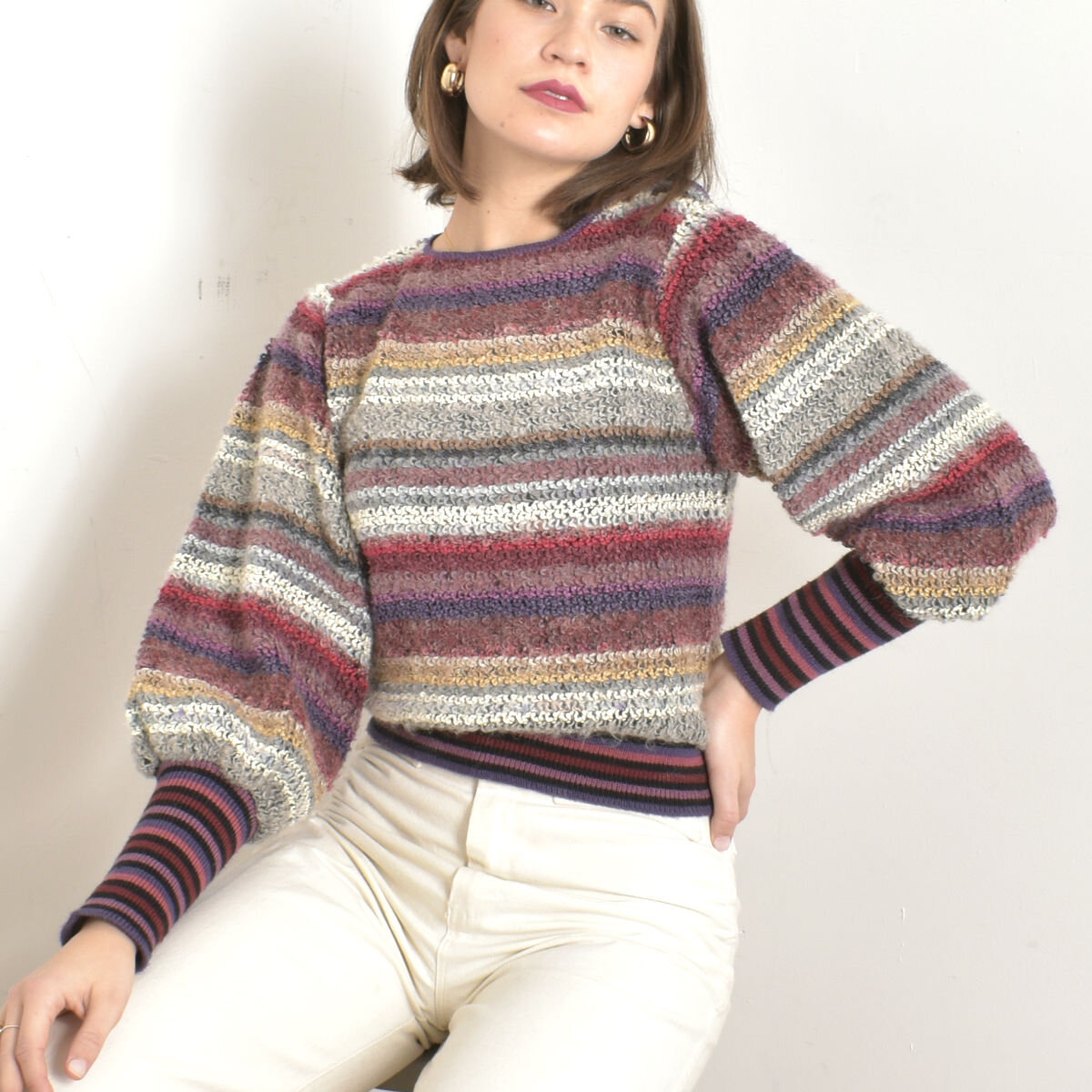 1970s Striped Mutton Sleeve Sweater-small