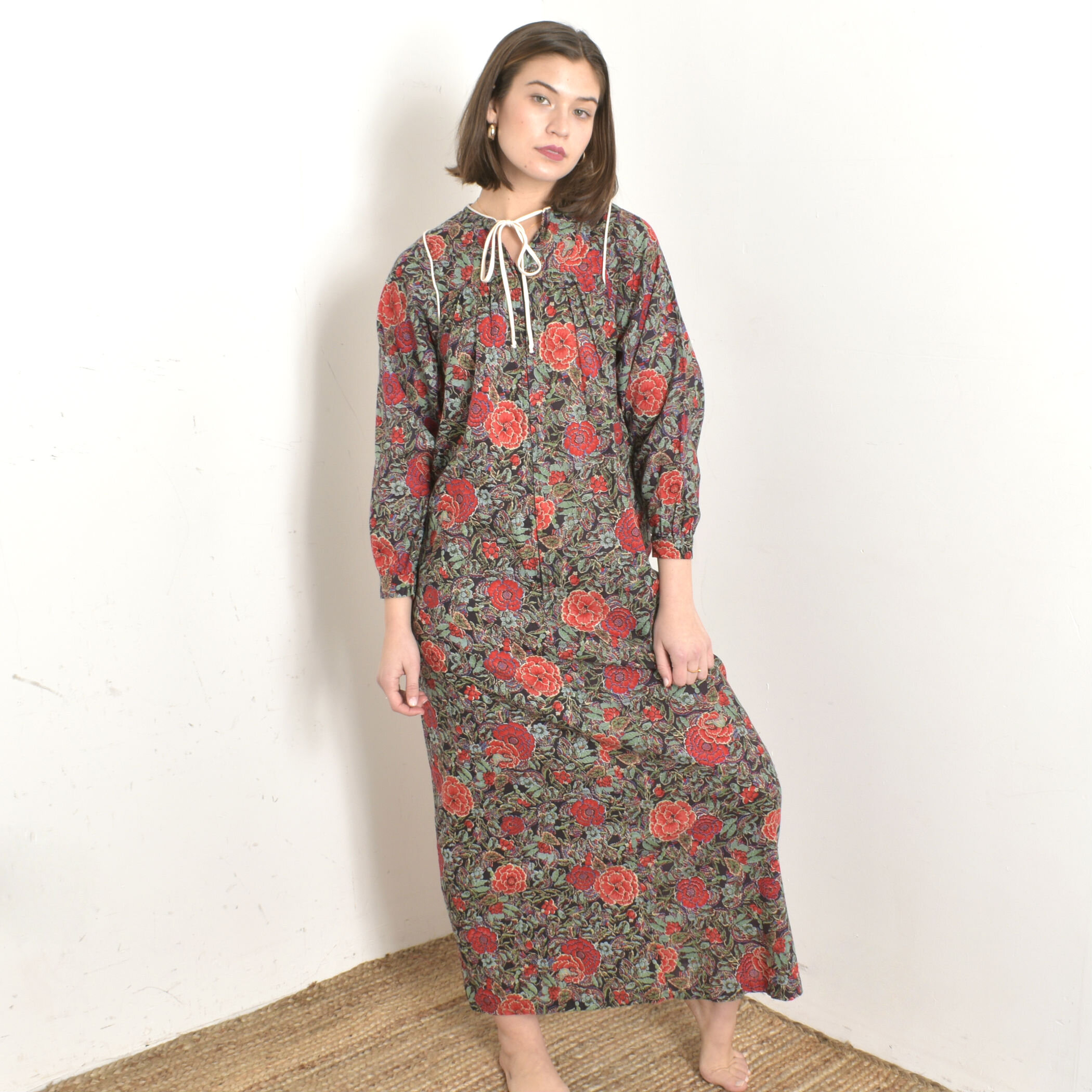 1970s Floral Cotton Lounging Dress-S/M
