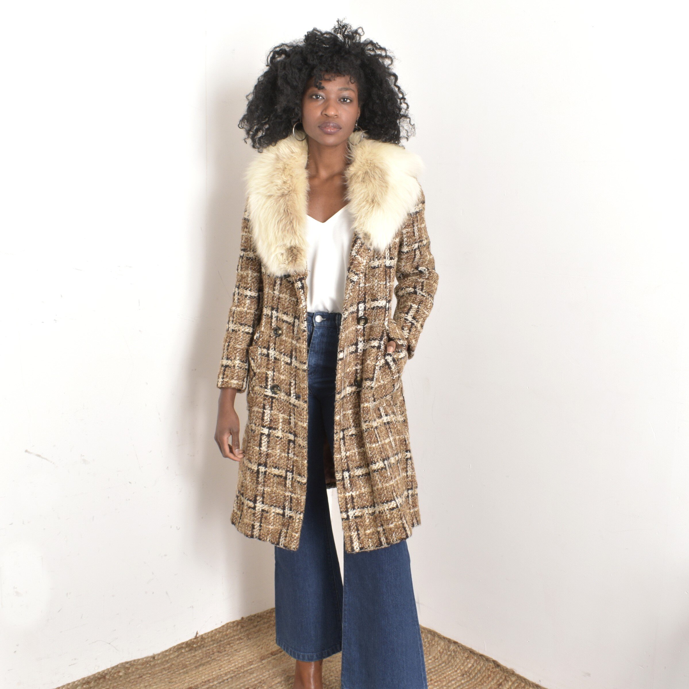 1970s Plaid Wool Coat with Fur Collar-S/M