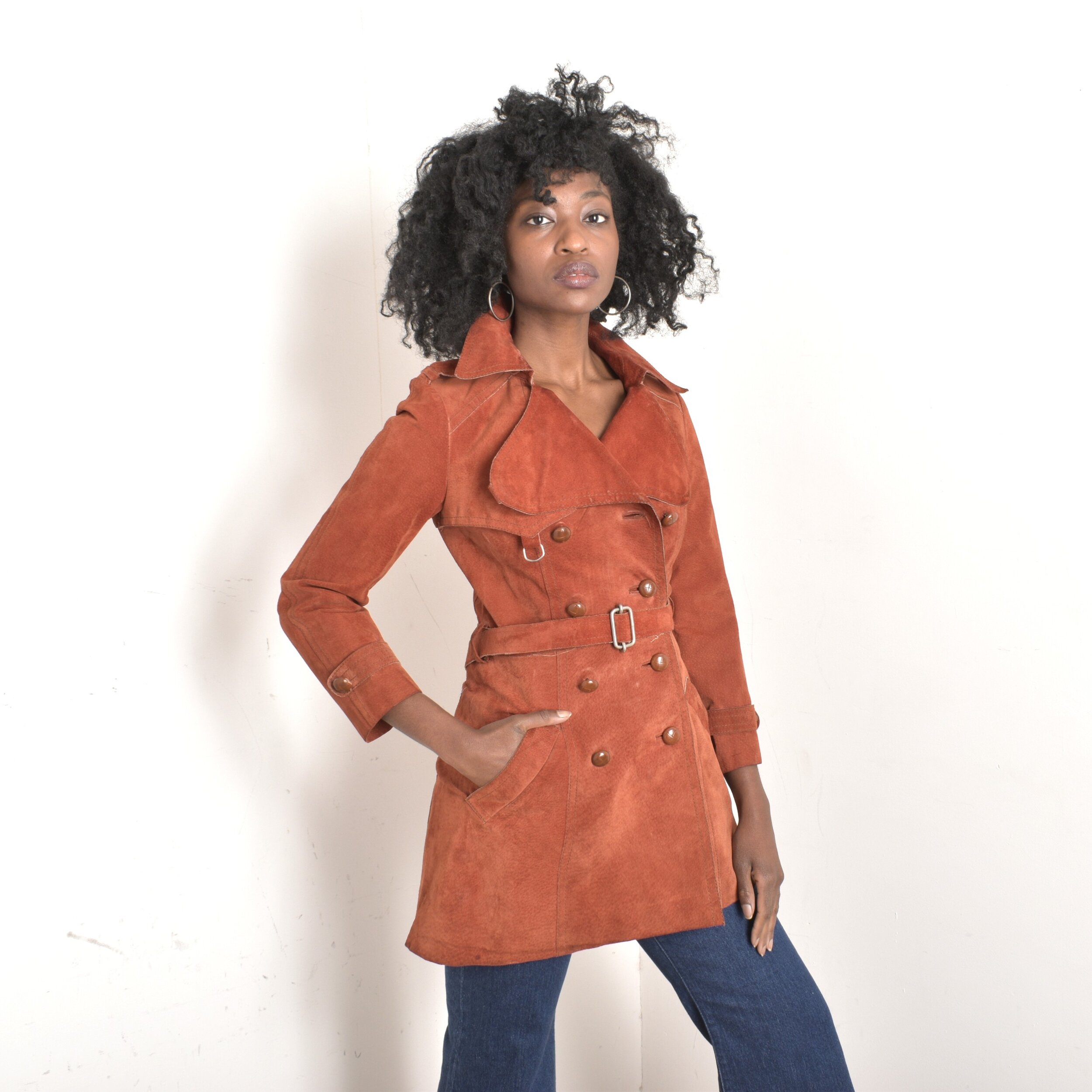 1970s rust colored belted suede trench coat