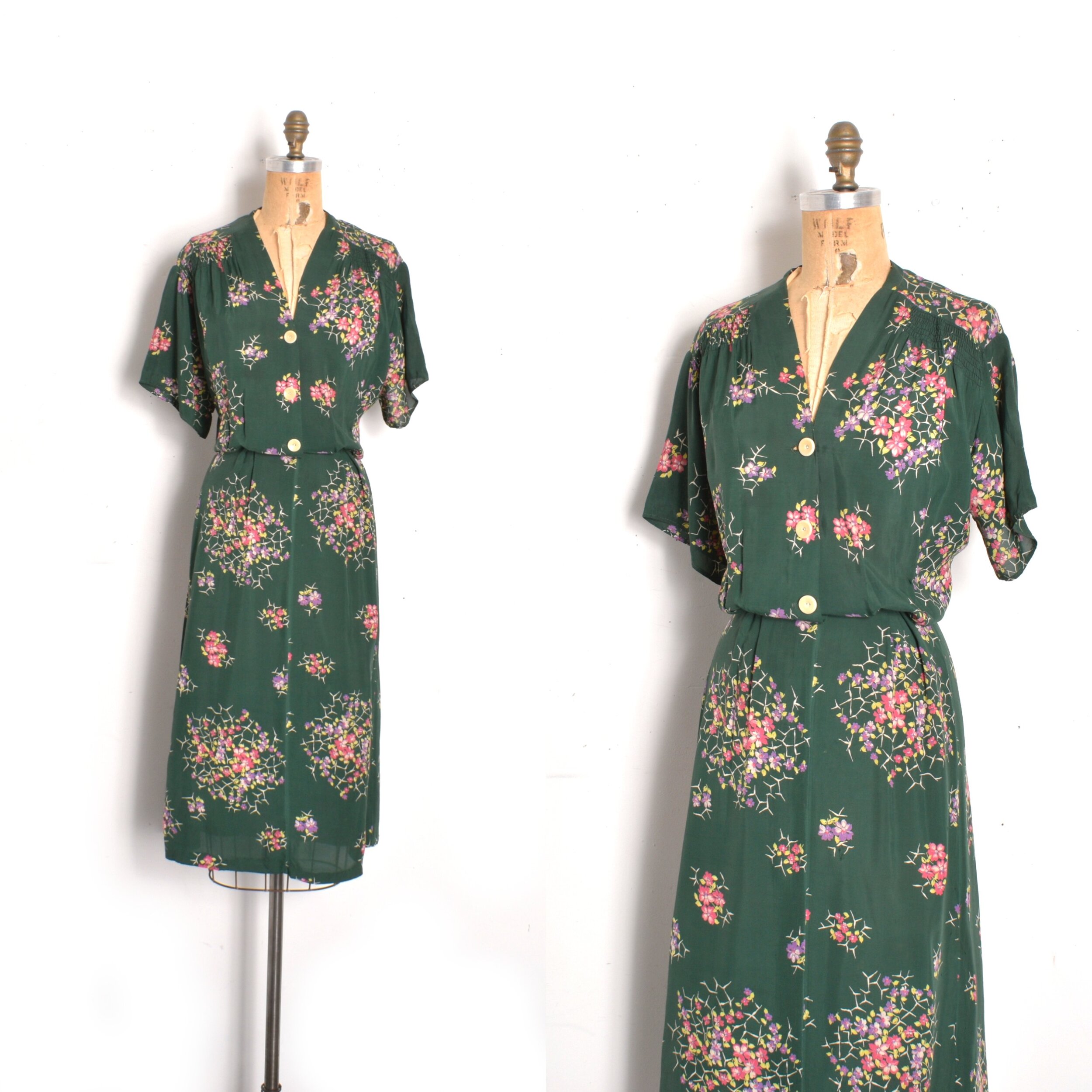 1940s Floral Print Rayon Dress-XL