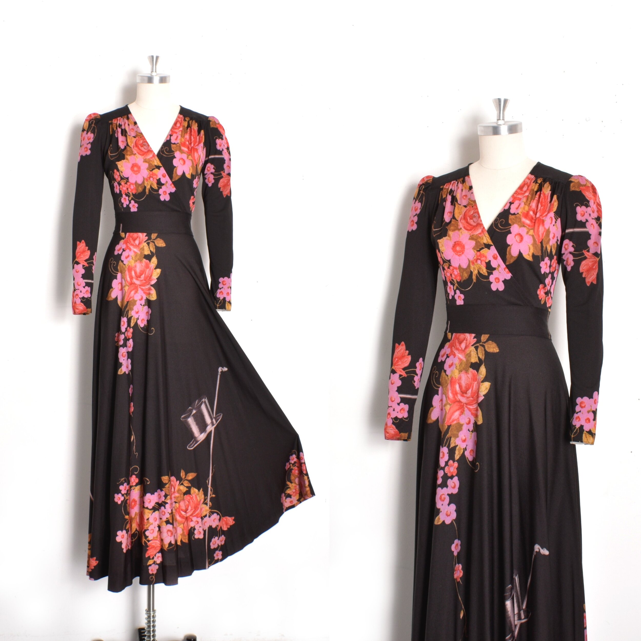 1970s Top Hat and Floral Print Maxi-S/M