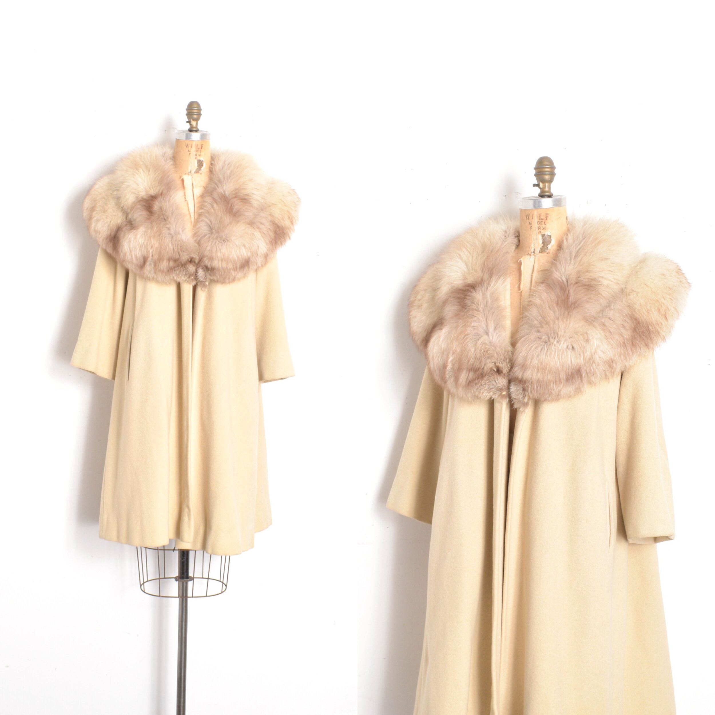 1950s Cream Wool Coat with Fox Fur Collar-S/M/L