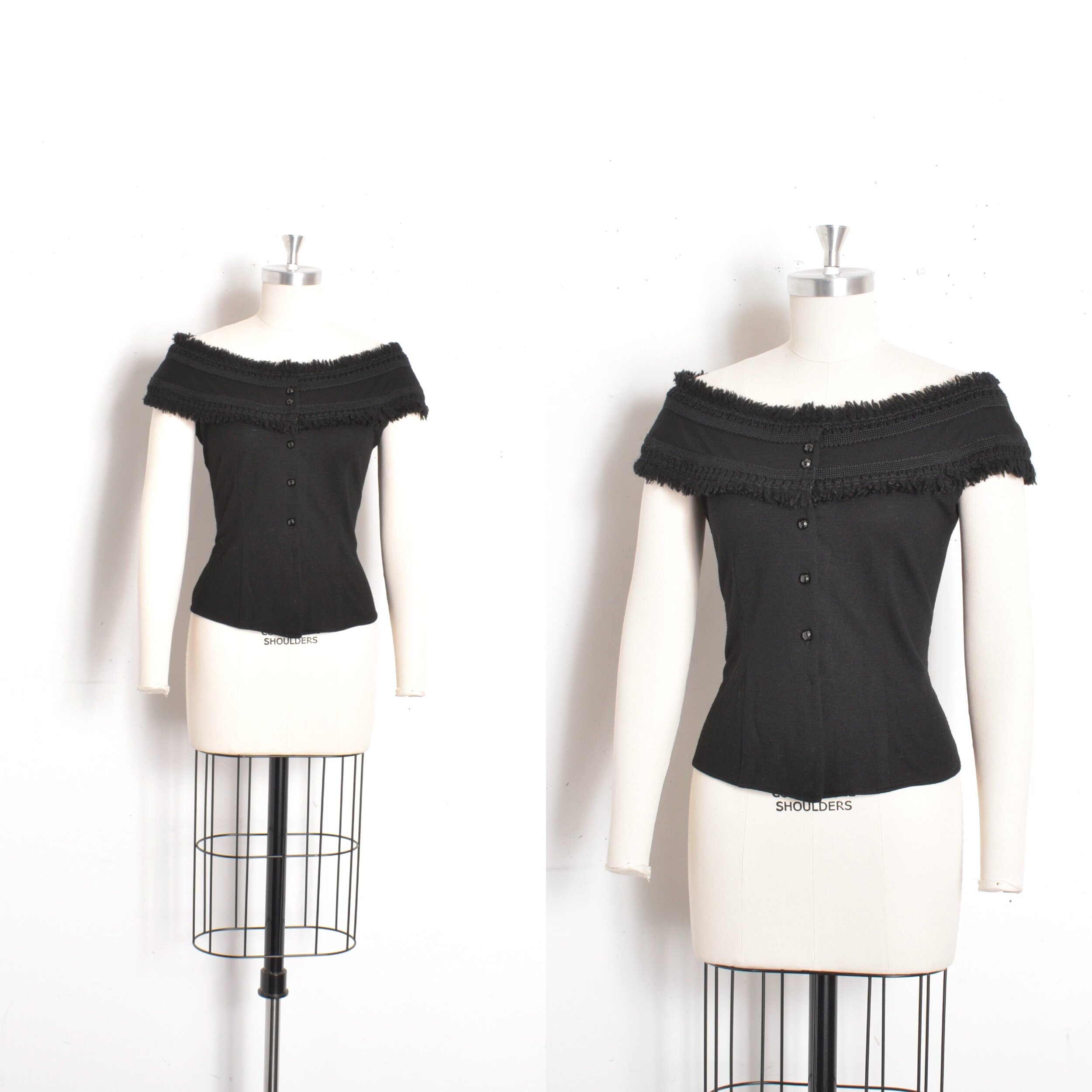 1950s Fringe Wool Off-Shoulder Blouse-small