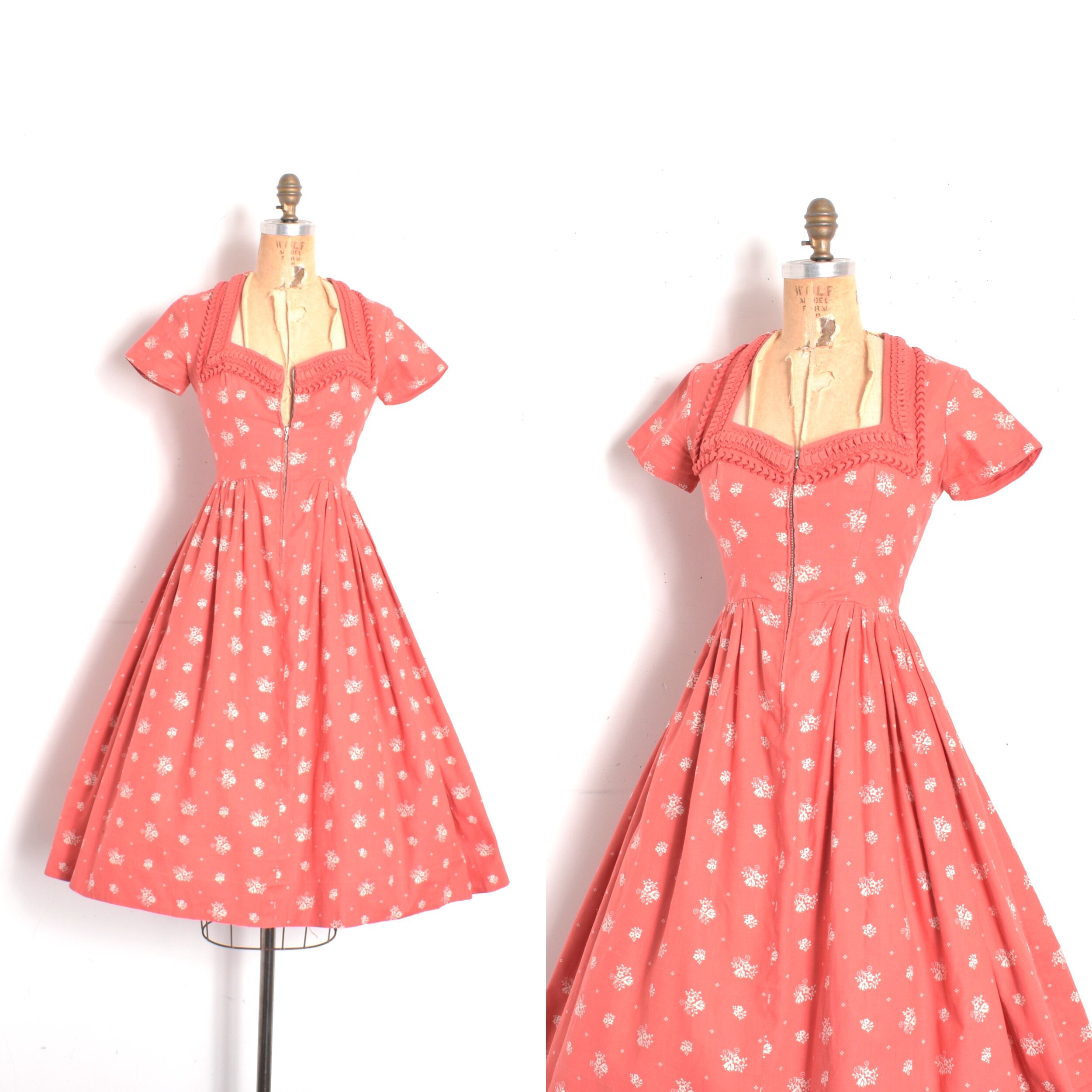 1950s Floral Cotton Dirndl Dress-XS