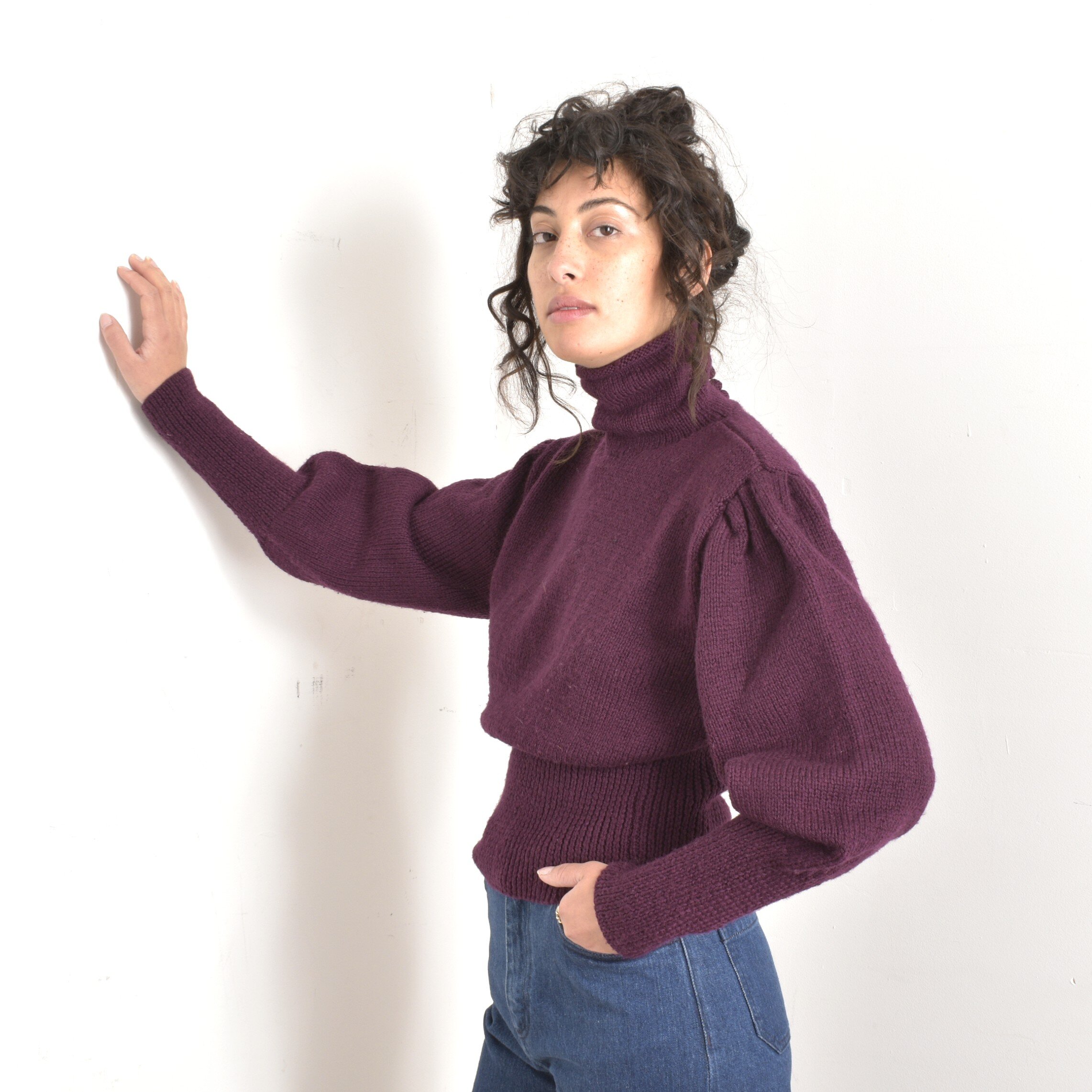 1980s Plum Wool Mutton Sleeve Sweater-S/M