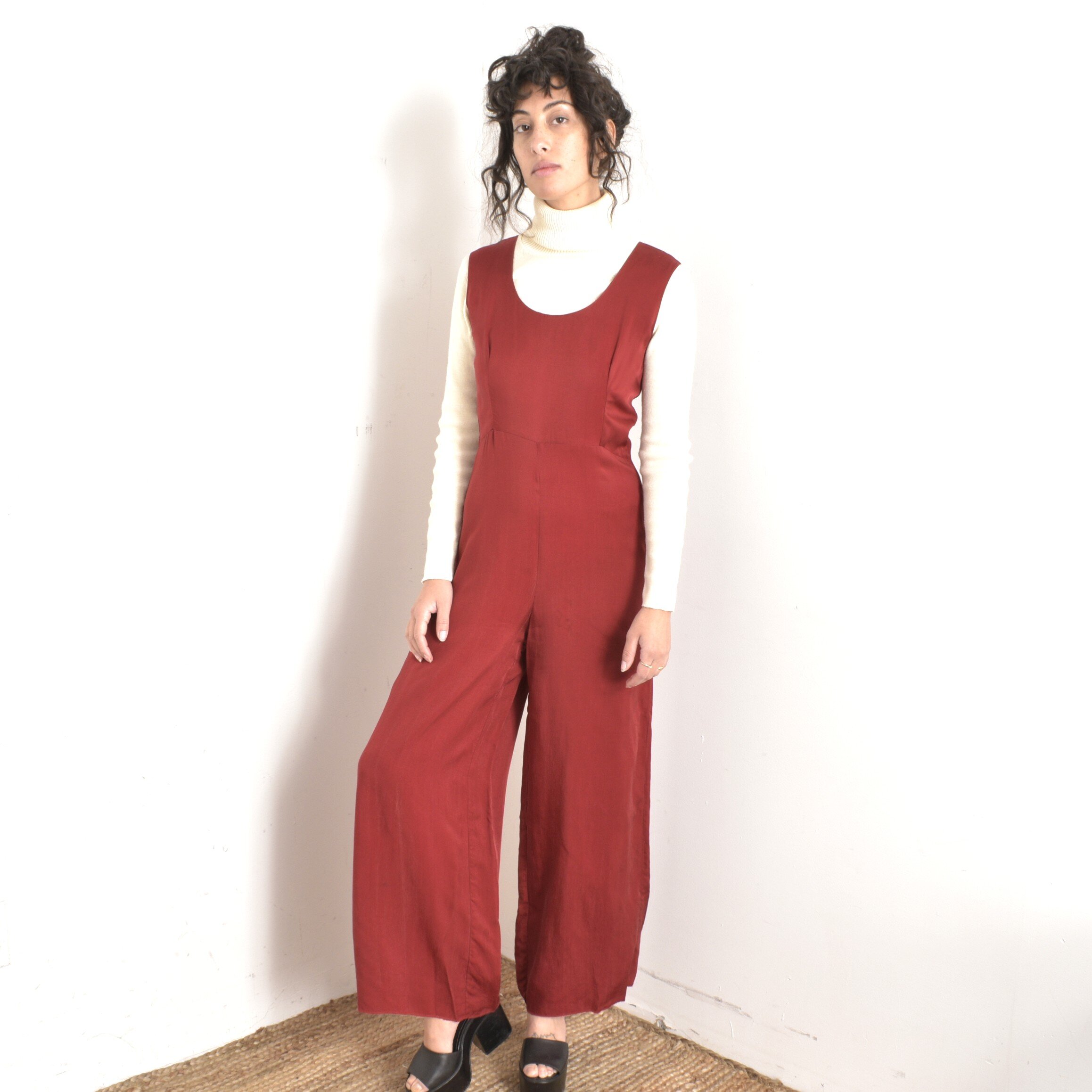 1990s Burgundy Silky Jumpsuit-small