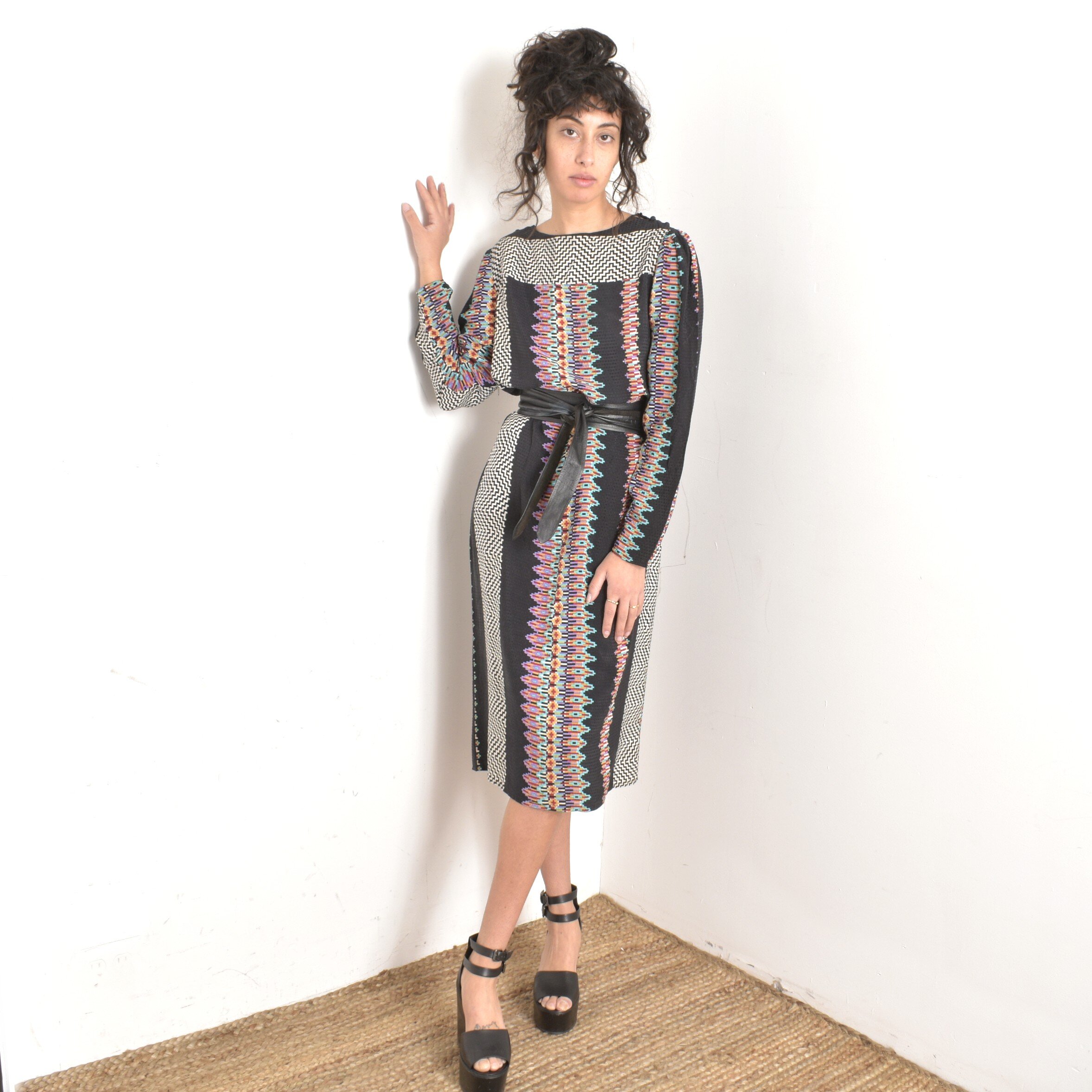 1980s Graphic Print Silk Dress-S/M