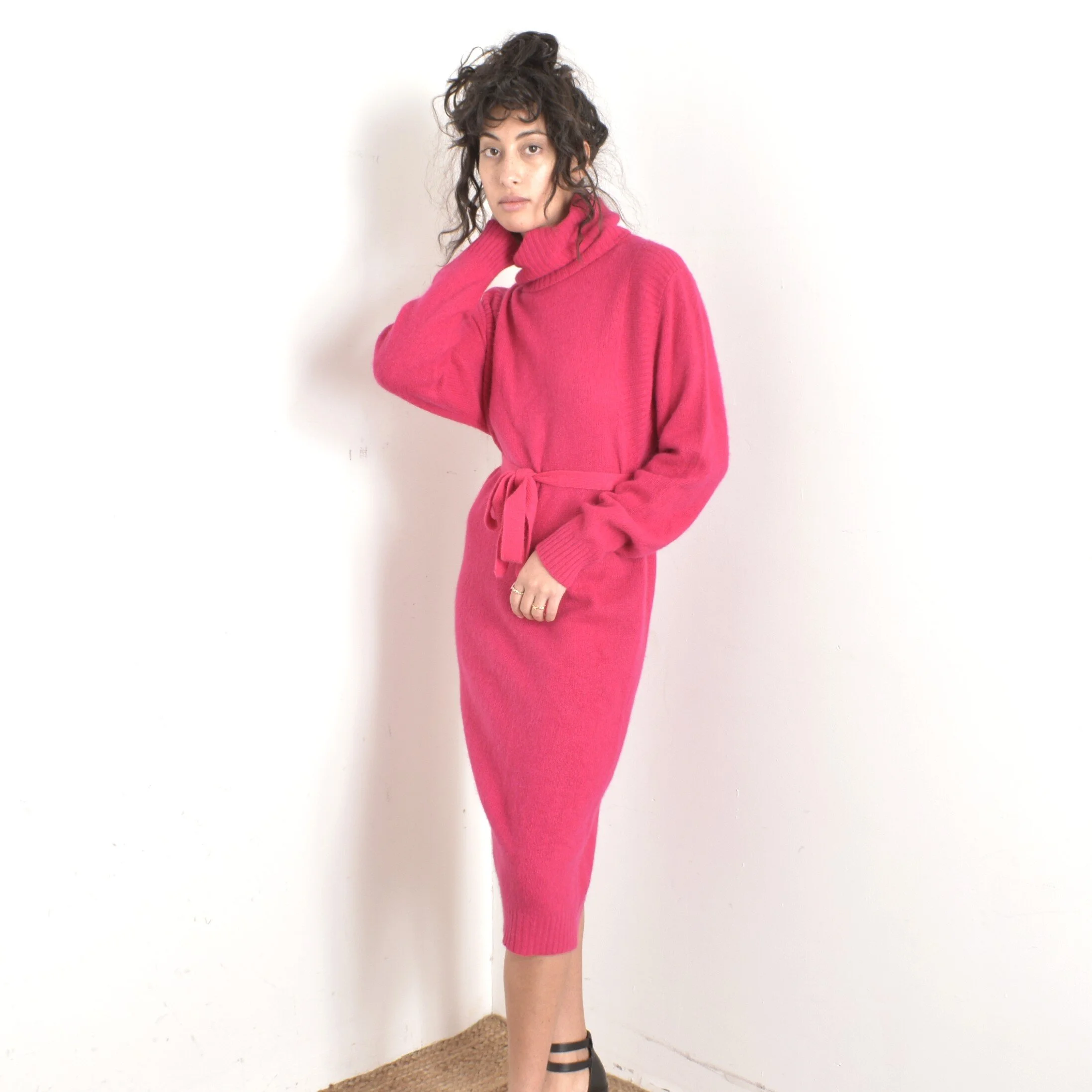 hot pink turtleneck dress Pink Wool Blend Maxi Sweater Dress Turtleneck Plus Size with Pockets #35261