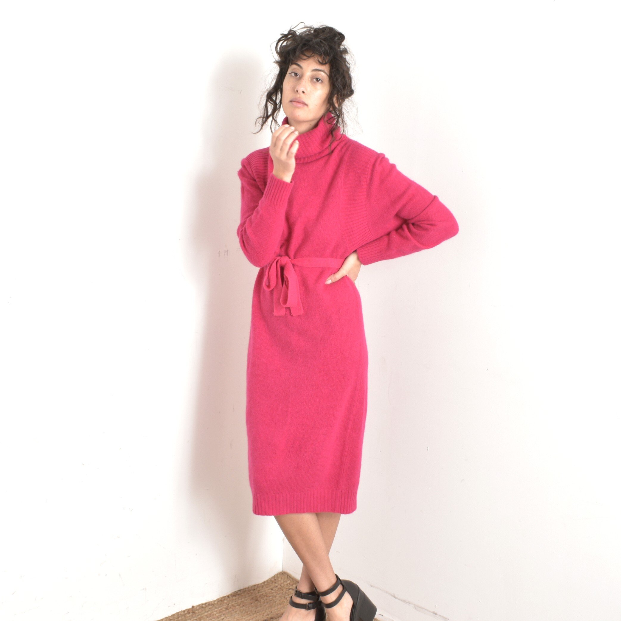 1980s Hot Pink Angora Sweater Dress-M/L