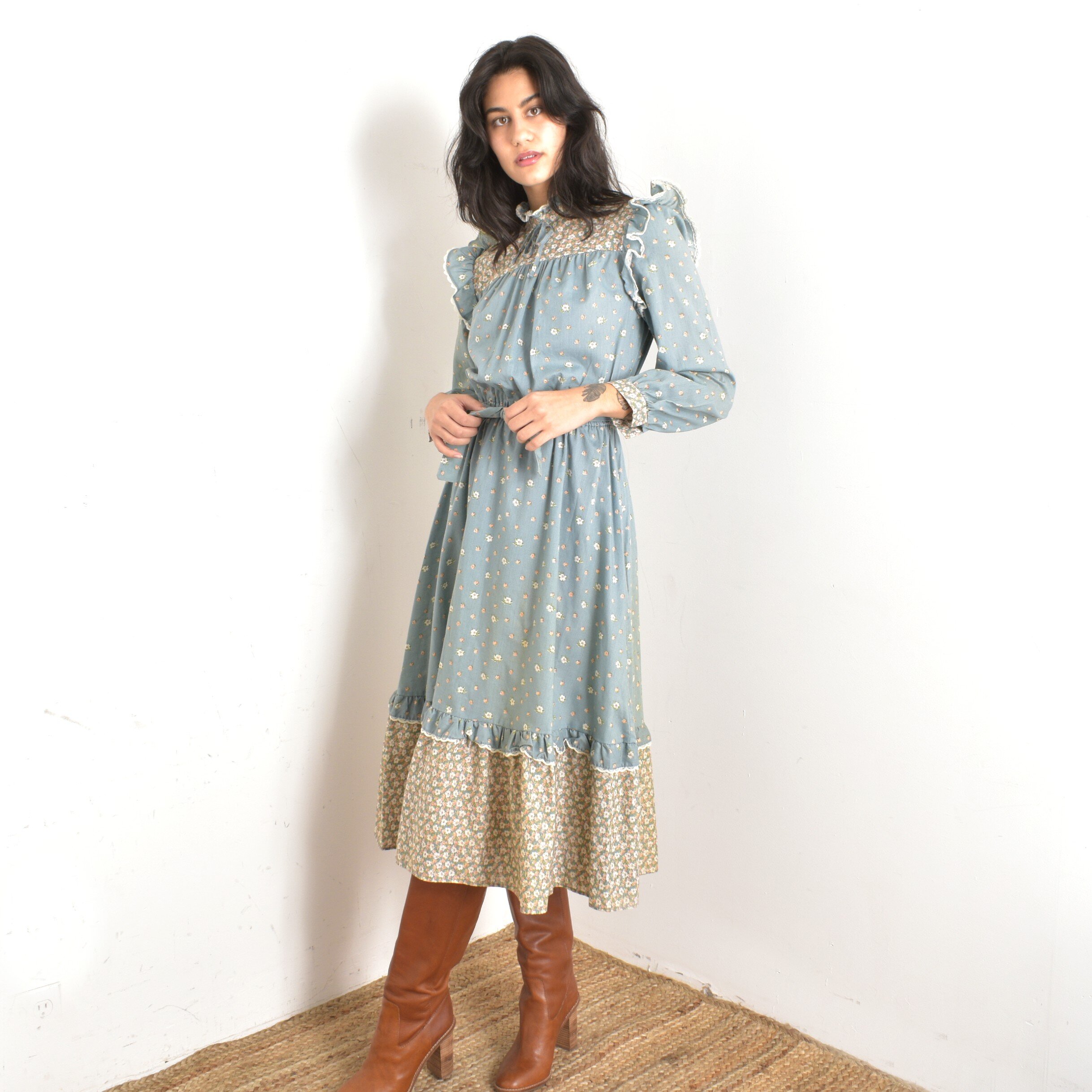 1970s Floral Cotton Prairie Dress-medium