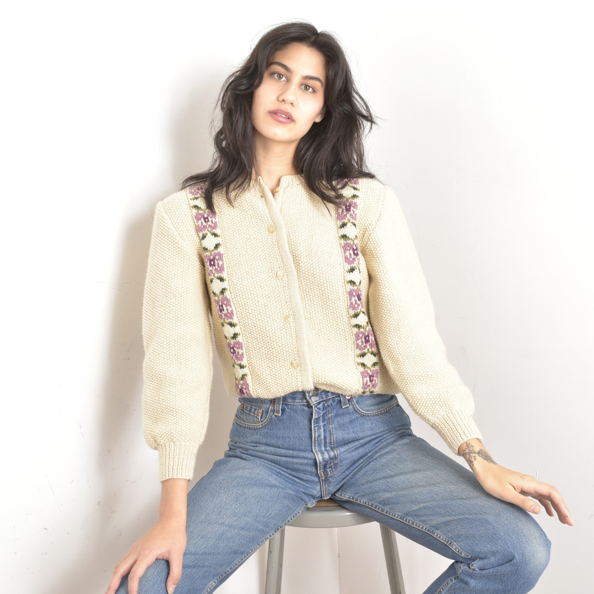1980s Floral Knit Cardigan-medium