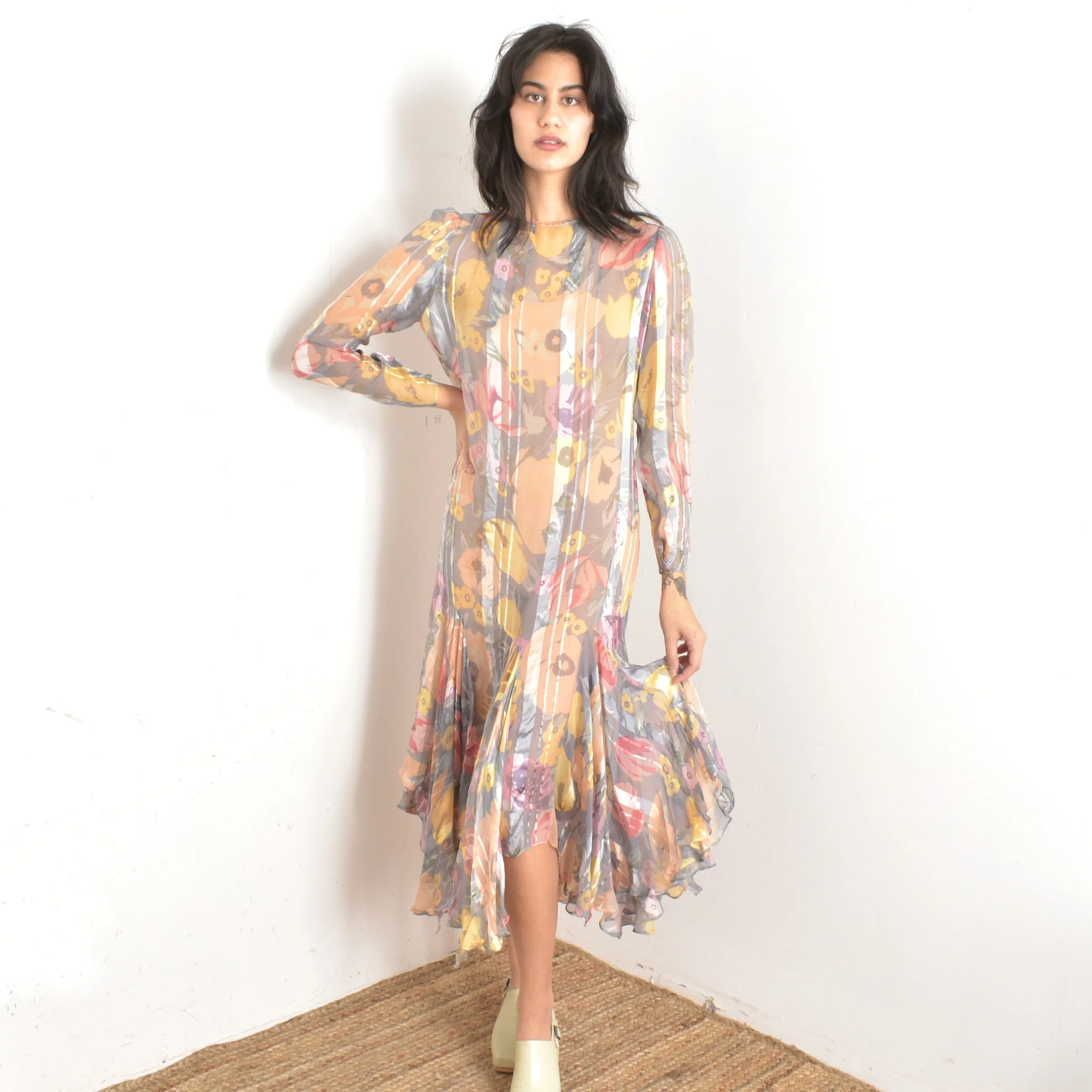sachin and babi light blue dress 1980s Floaty Silk Chiffon Floral Dress-S/M — La Poubelle Vintage