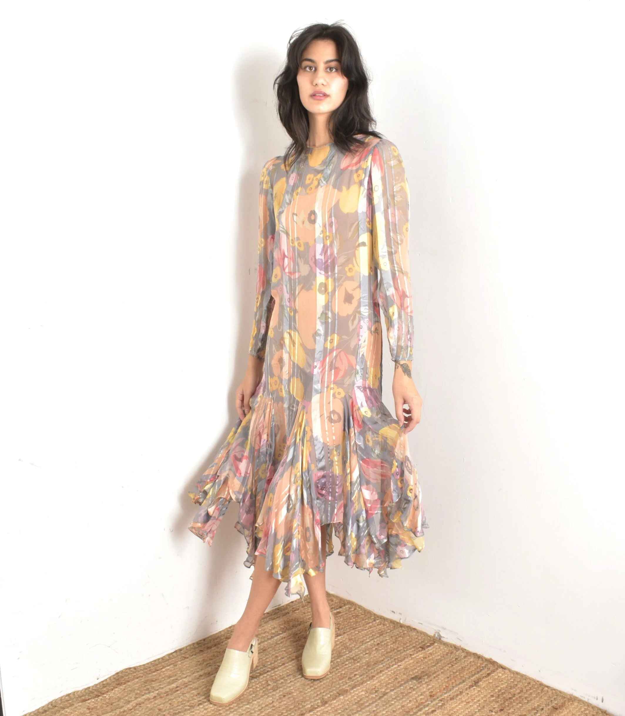 1980s Floaty Silk Chiffon Floral Dress-S/M  La Poubelle Vintage