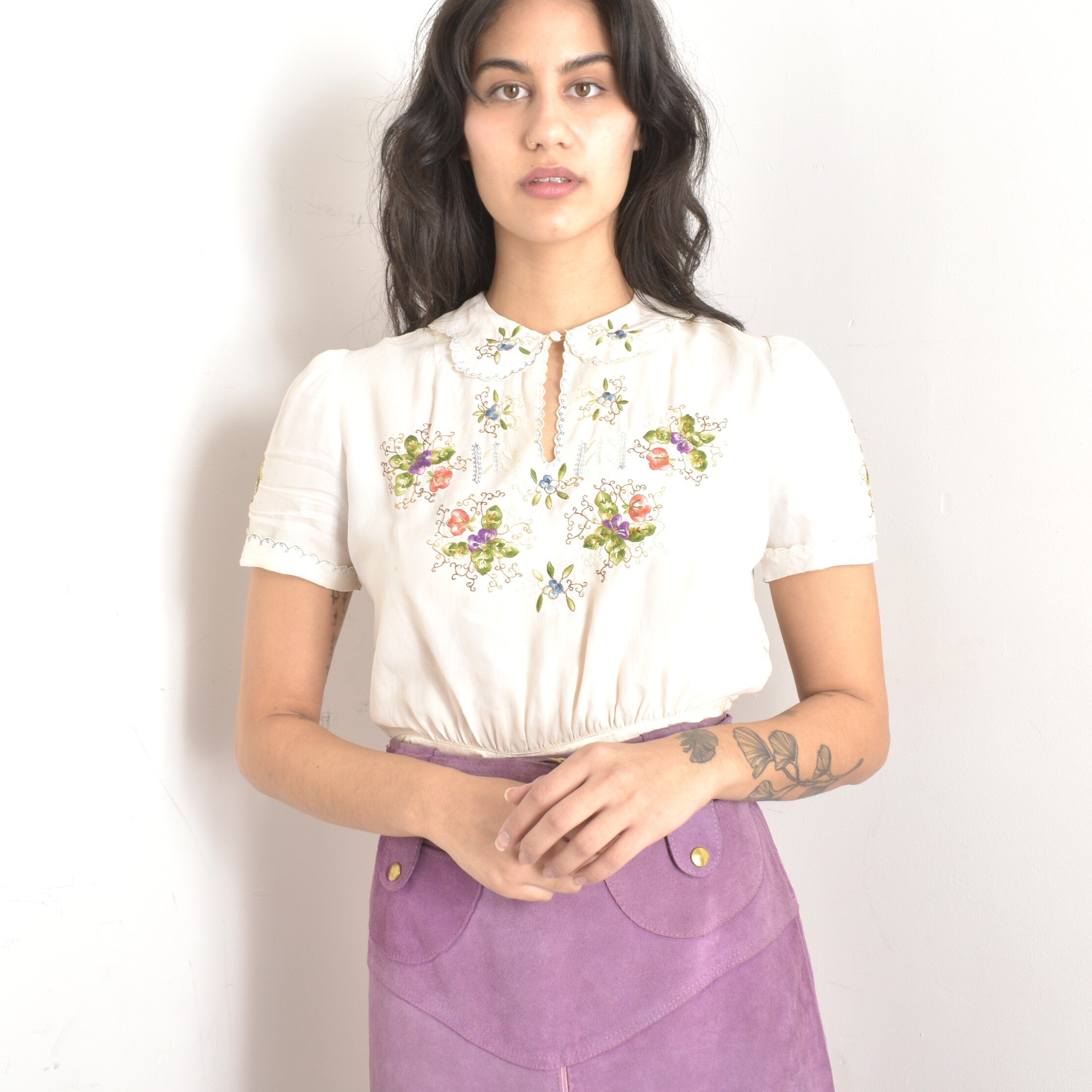 1930s Floral Embroidered Blouse-small