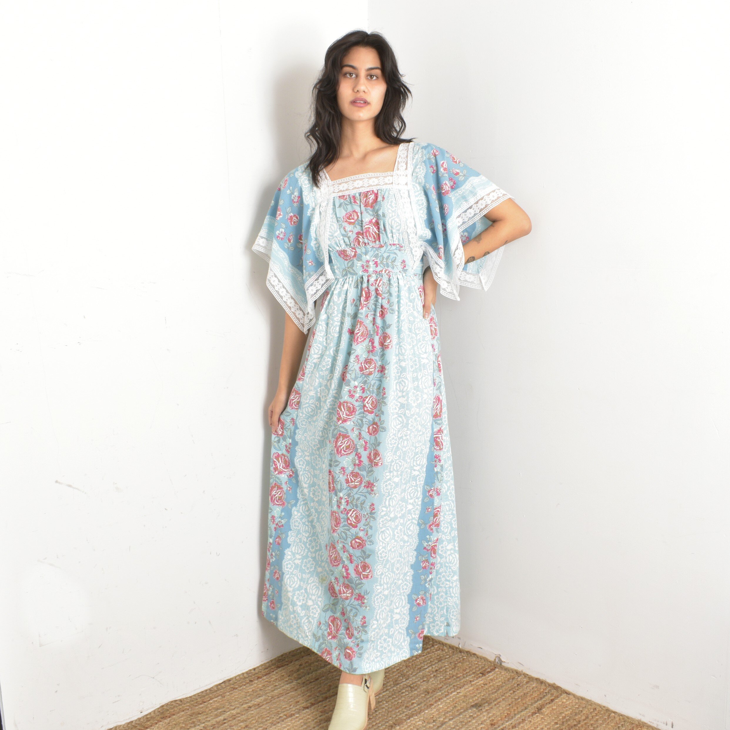 1970s Rose Print Cotton Peasant Dress-S/M