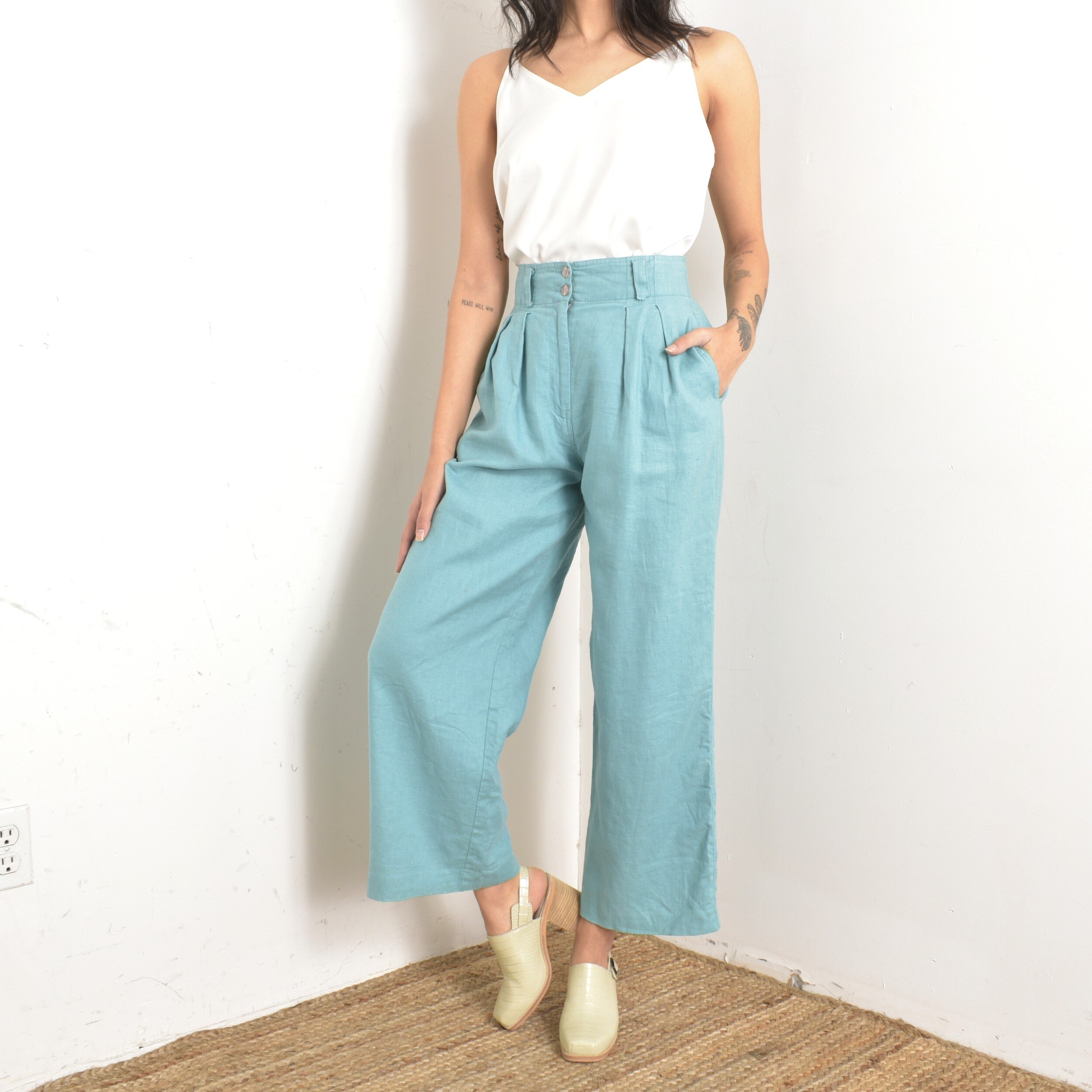1980s Blue Linen Wide Leg Pants-small