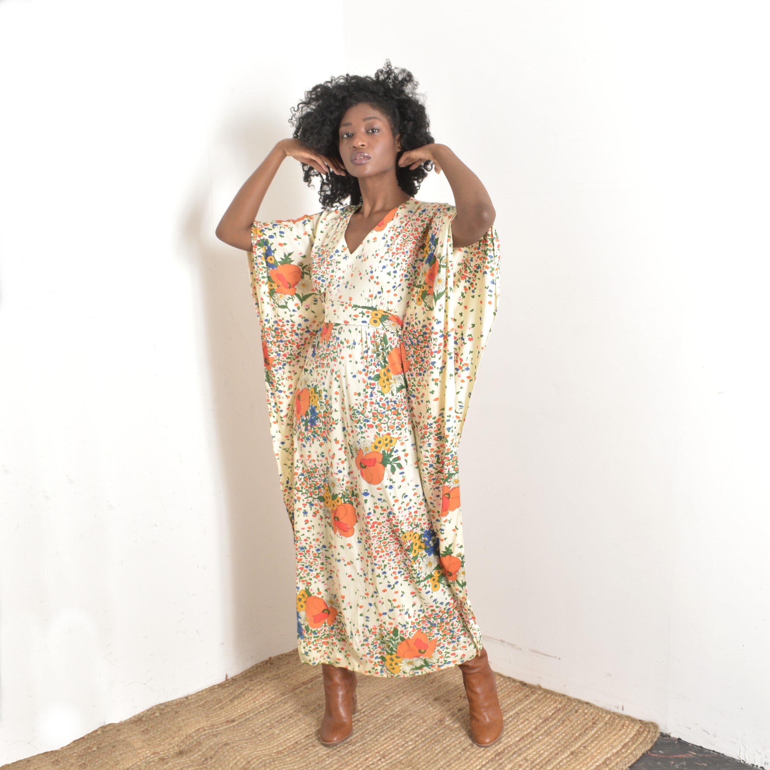 1970s Floral Jersey Caftan-S/M