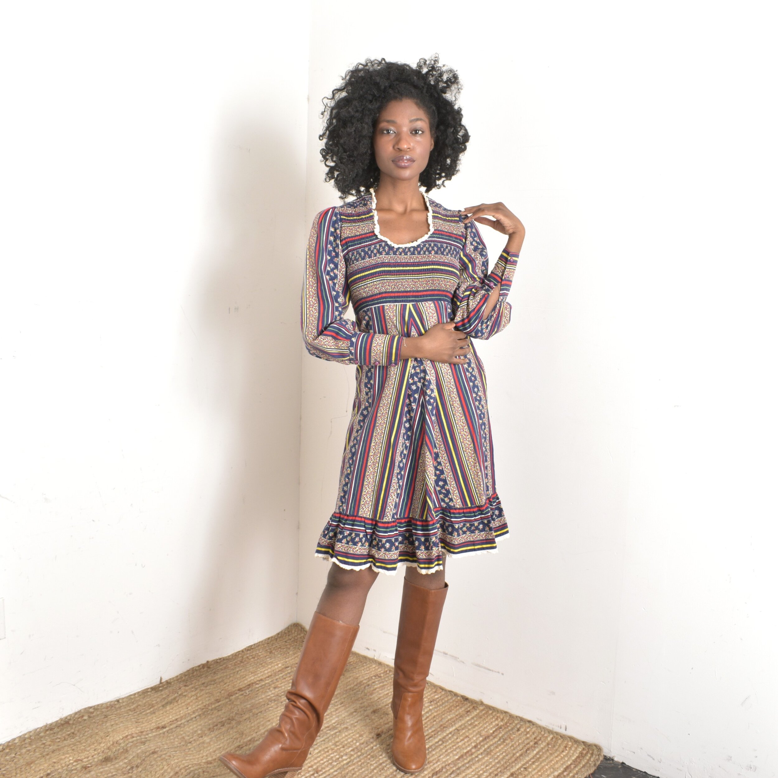 1970s Striped & Floral Puff Sleeve Peasant Dress-small