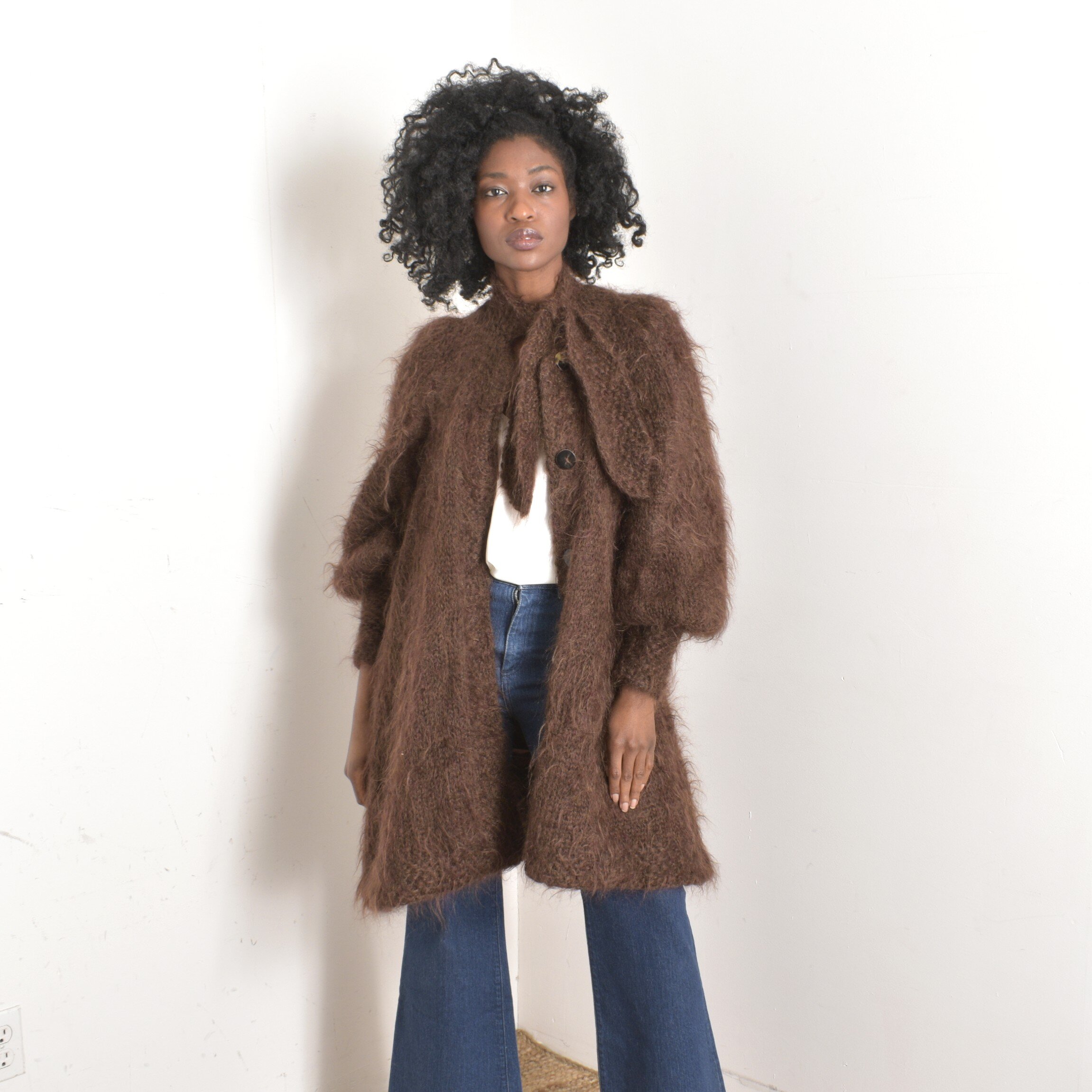 1980s Balloon Sleeve Mohair Sweater Coat-OSFM