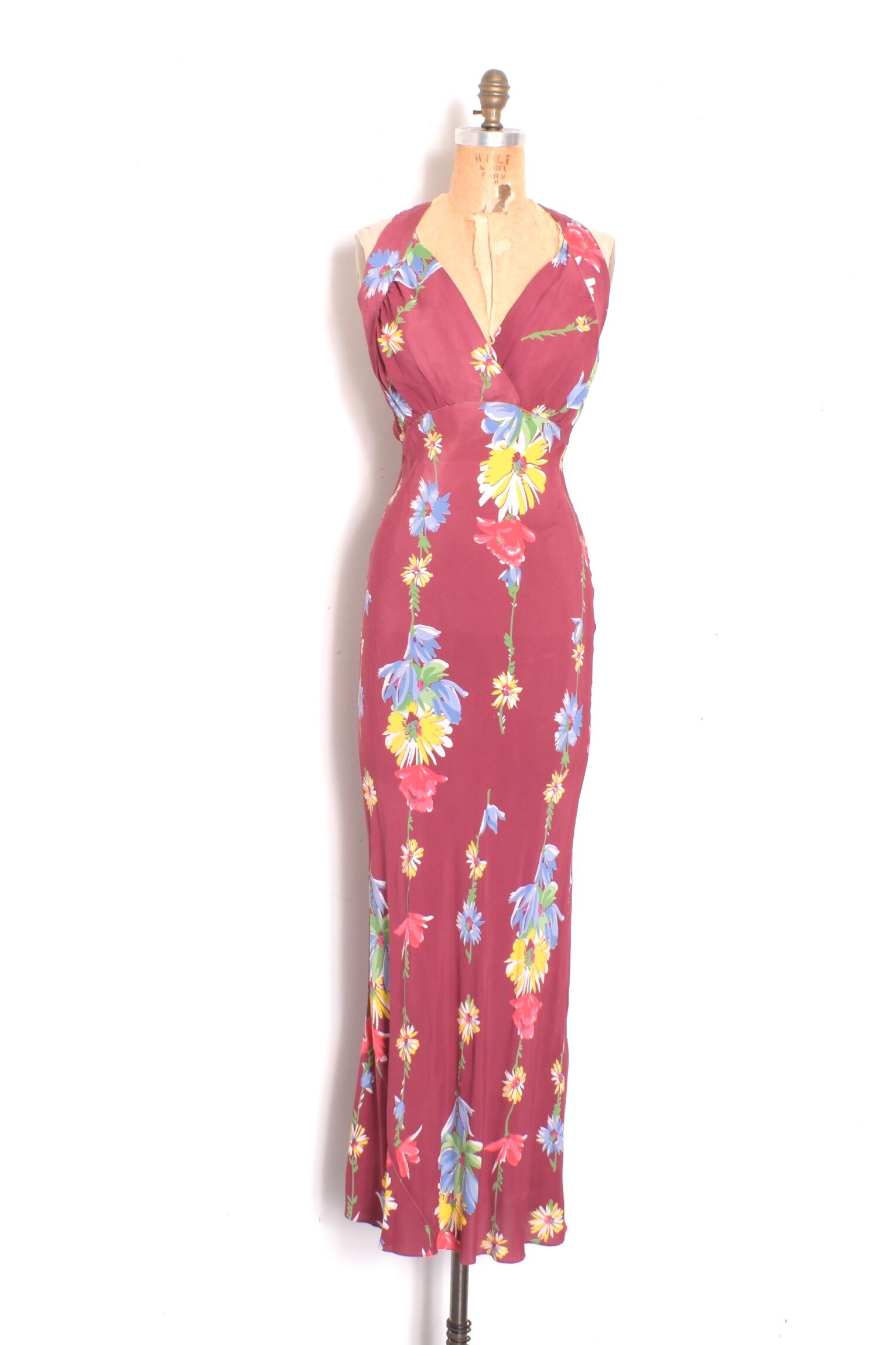 1930s bias cut burgundy floral print gown