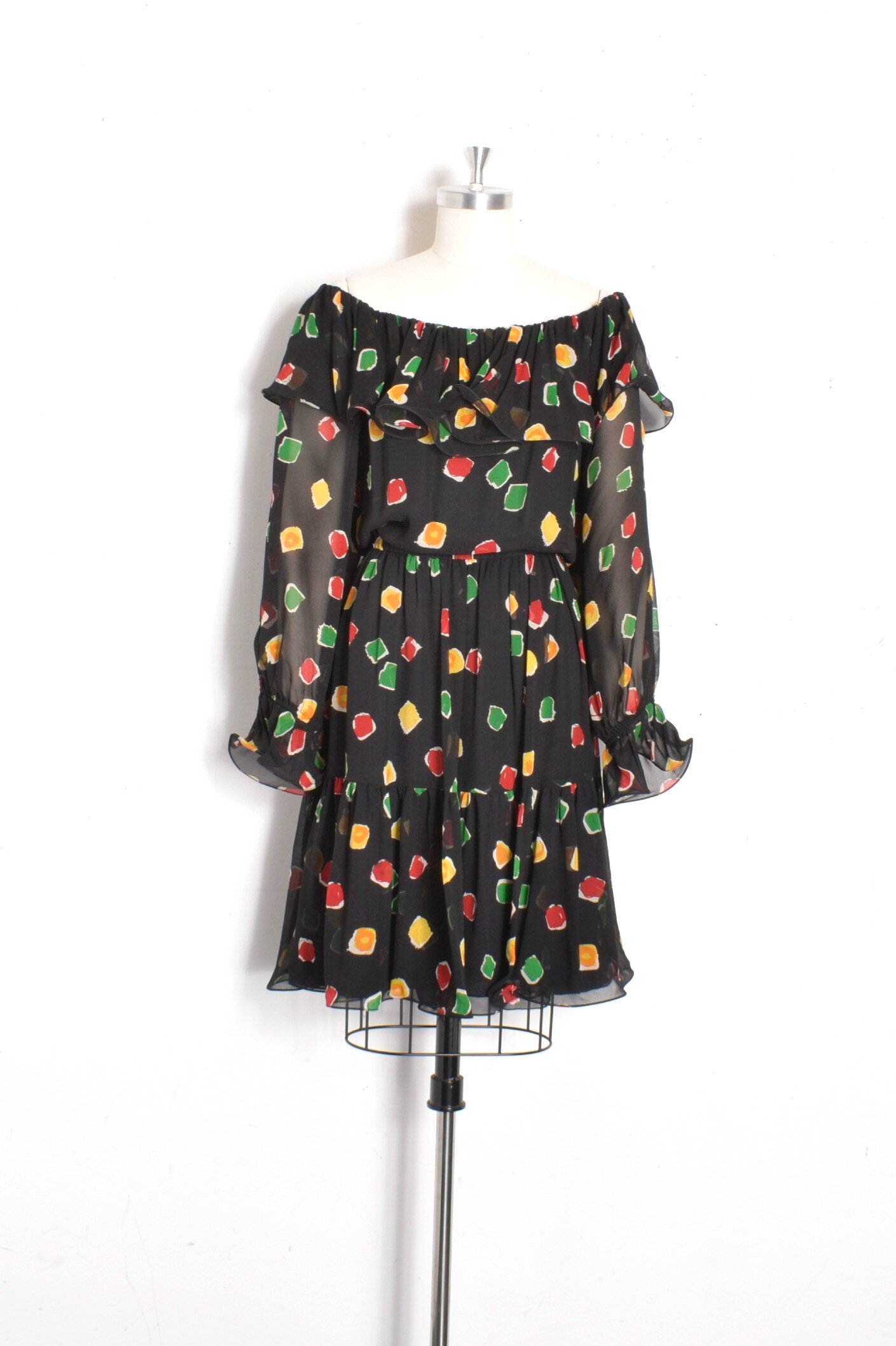 1980s bill blass flouncy printed silk off shoulder ruffle dress