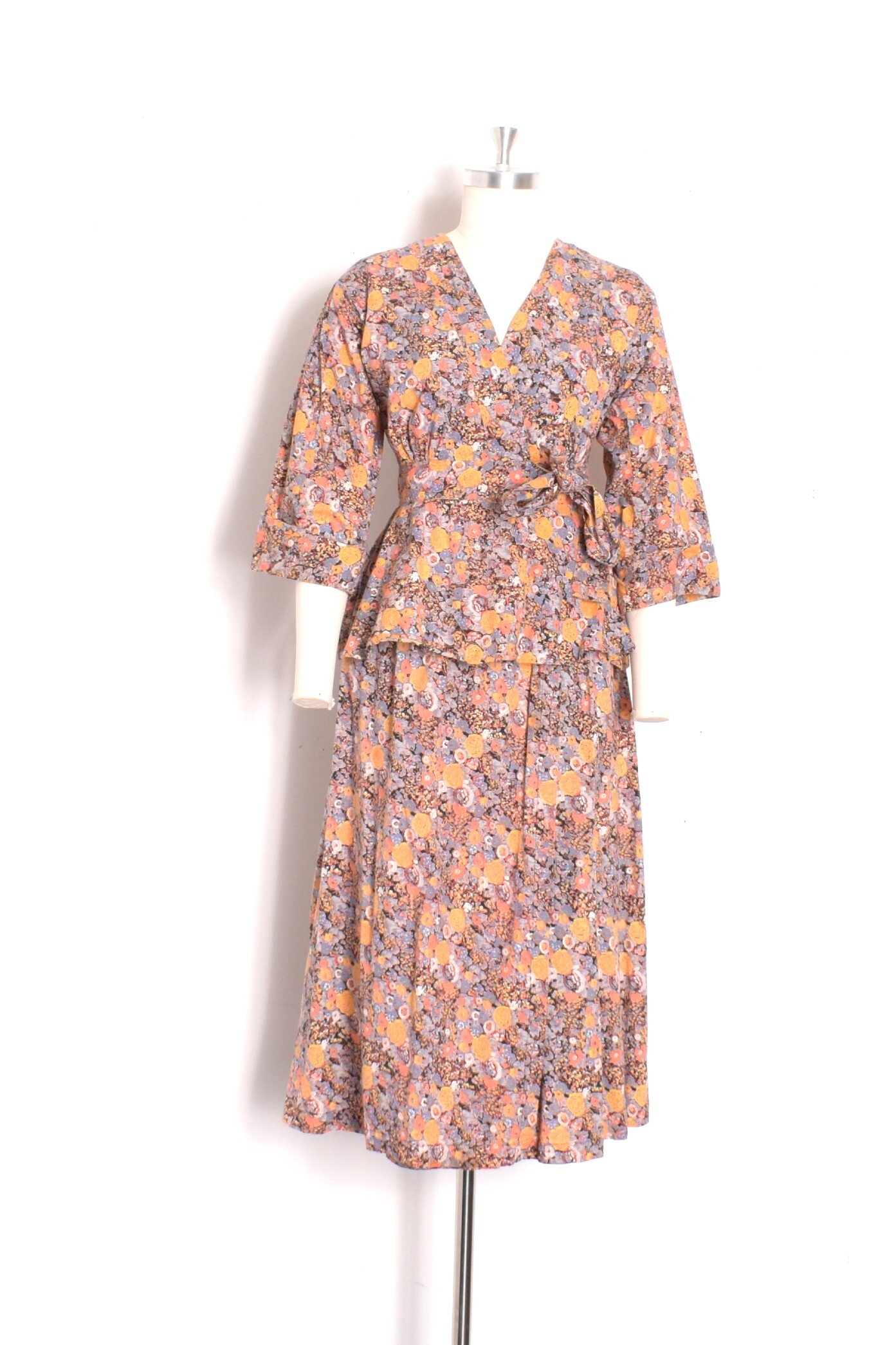 1970s indian cotton floral print wrap skirt and top two piece set