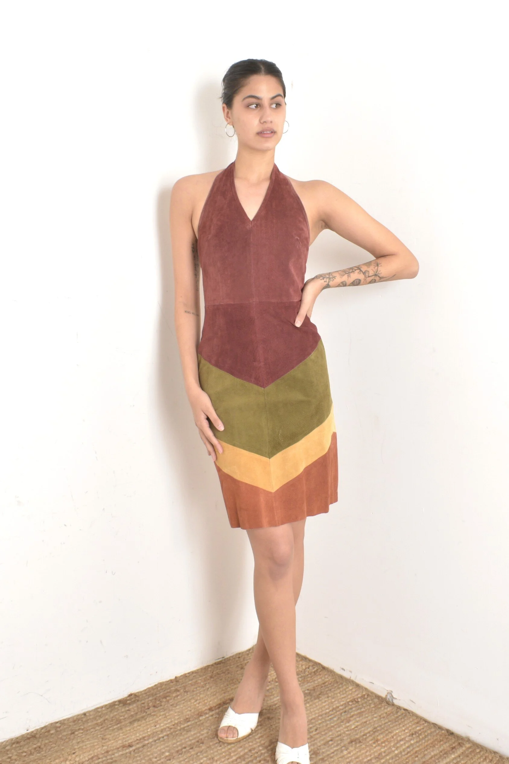 1990s Colorblock Suede Halter Dress-XS La Poubelle Vintage 1990s Colorblock Suede Halter Dress-XS La Poubelle Vintage