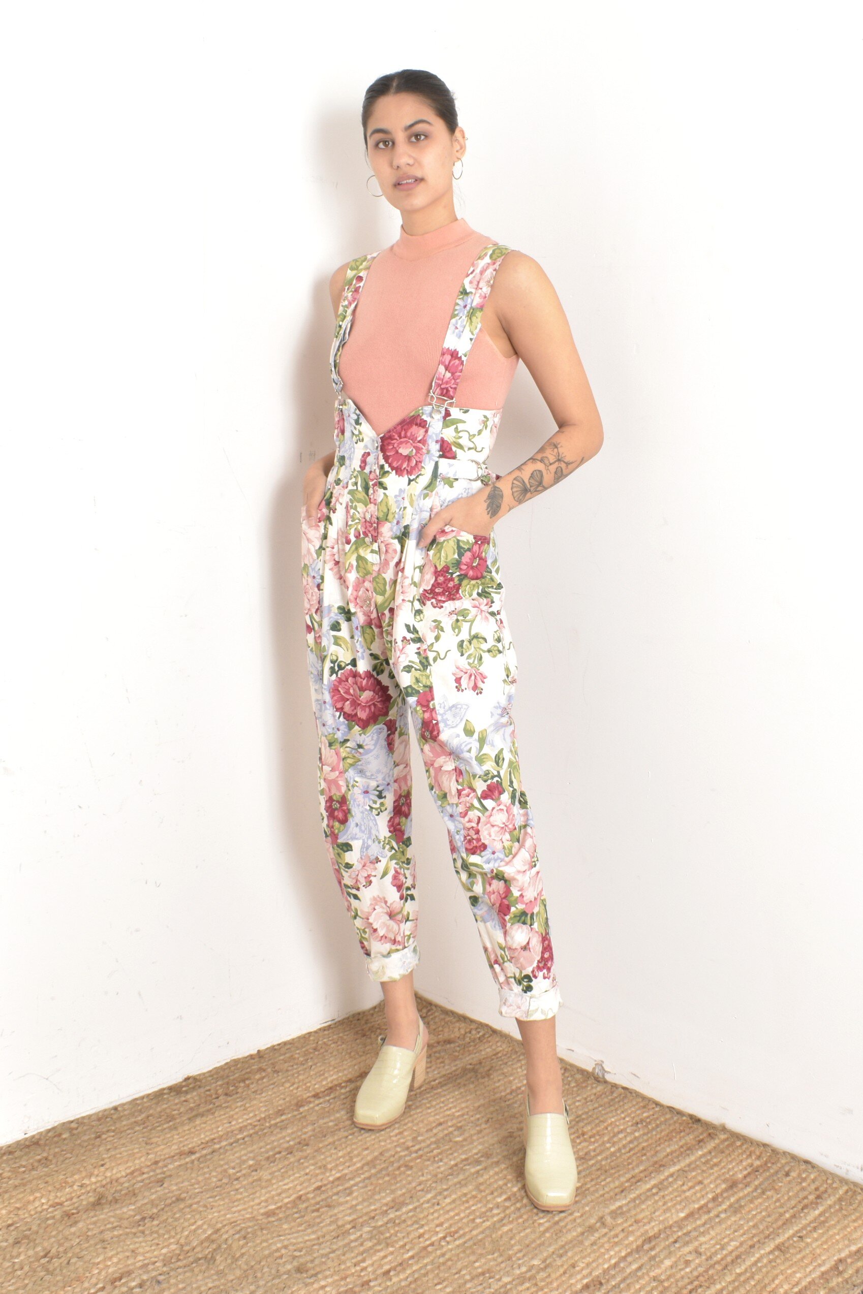 1980s Karen Alexander floral print jumpsuit overalls one piece