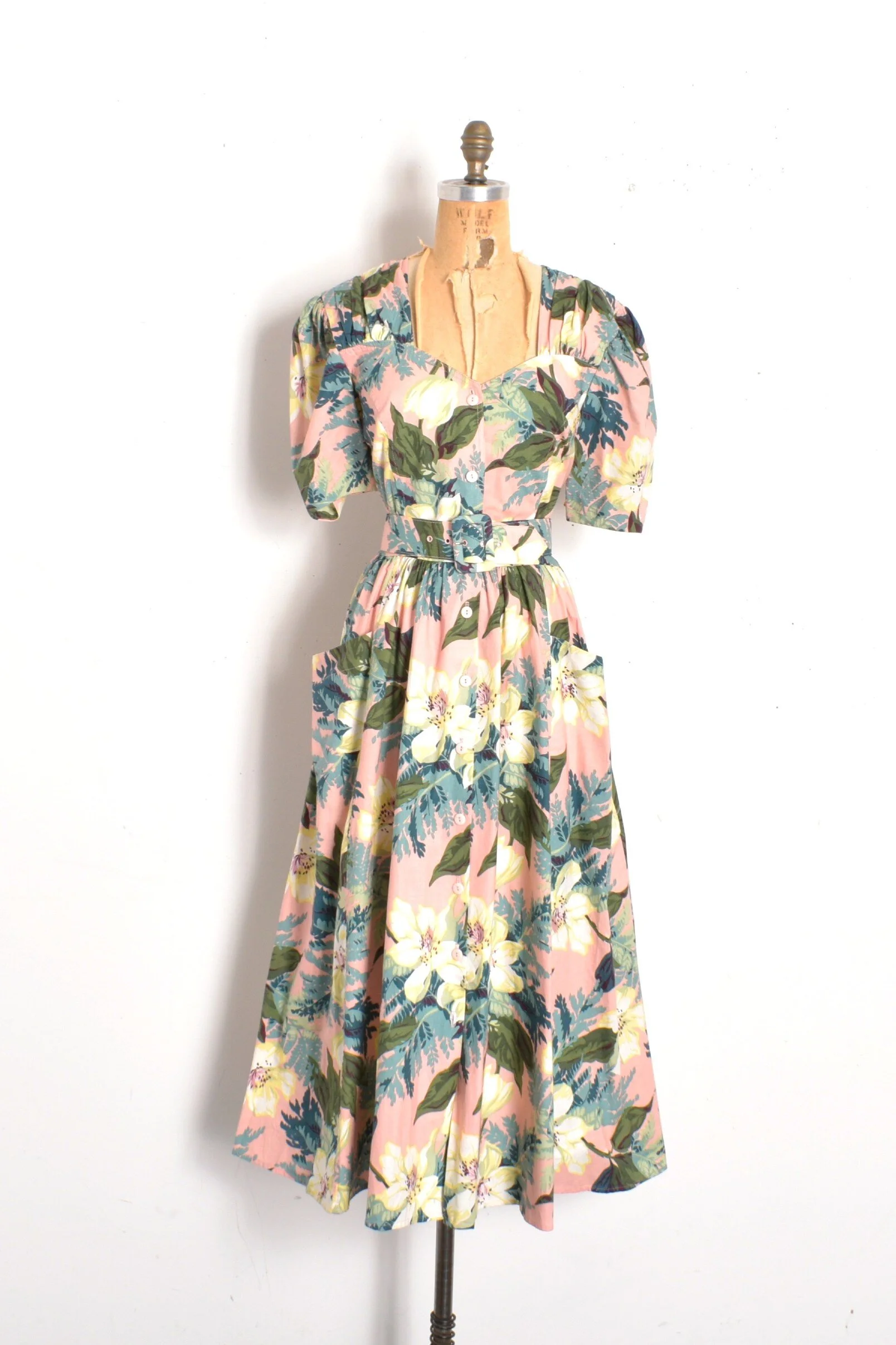 1980s Pink Floral Puff Sleeve Dress-large  La Poubelle Vintage
