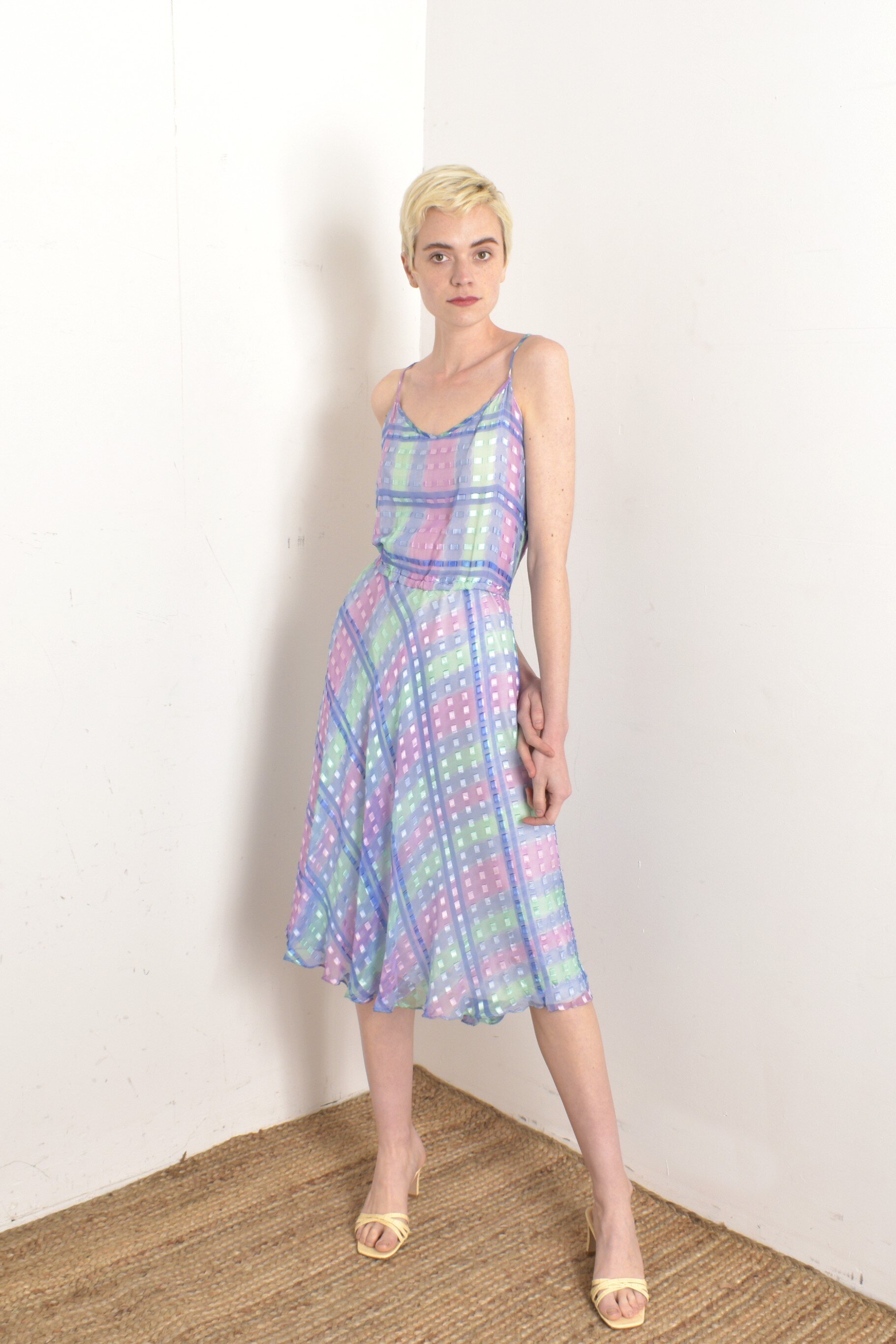 1980s the silk farm printed pastel silk strappy sundress