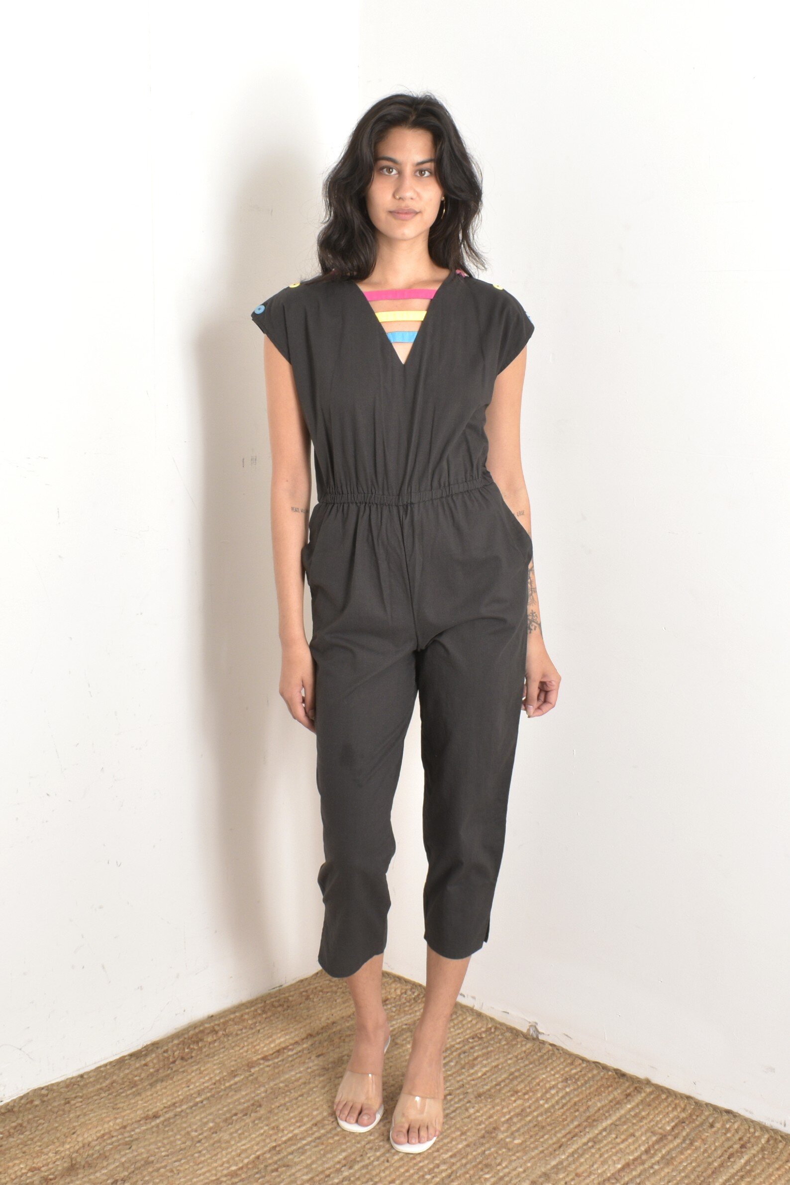 80s black cotton colorful jumpsuit2.jpeg
