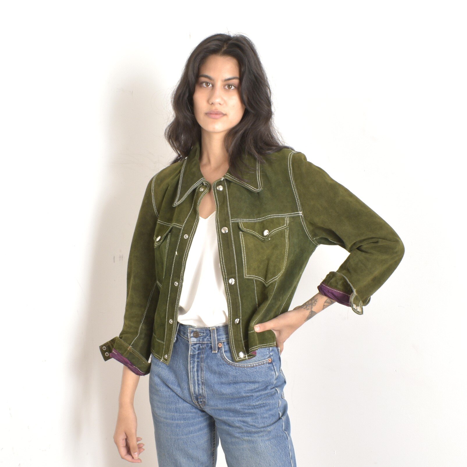 1970s moss green suede snap front jacket