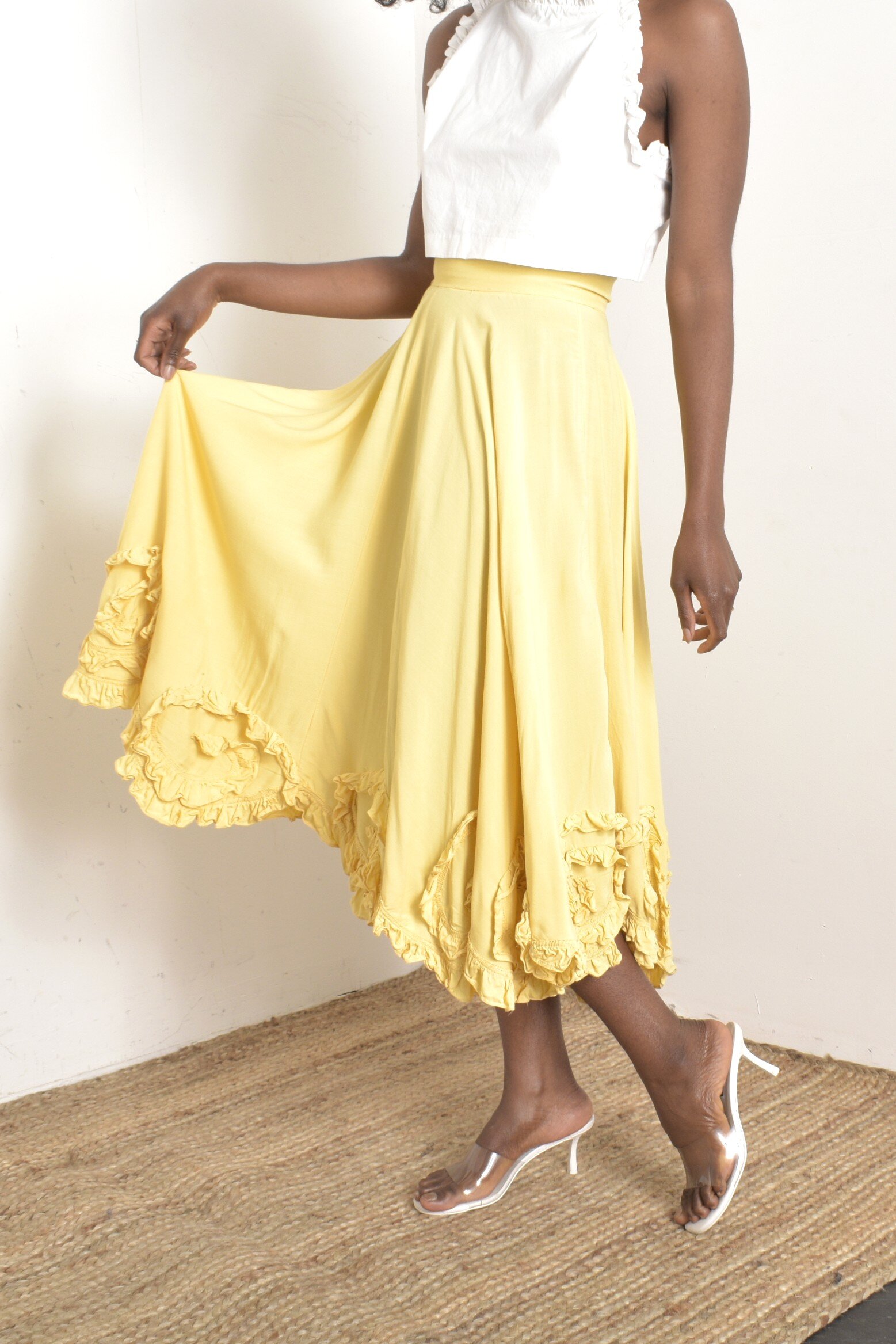 1940s yellow rayon ruffled flowy skirt