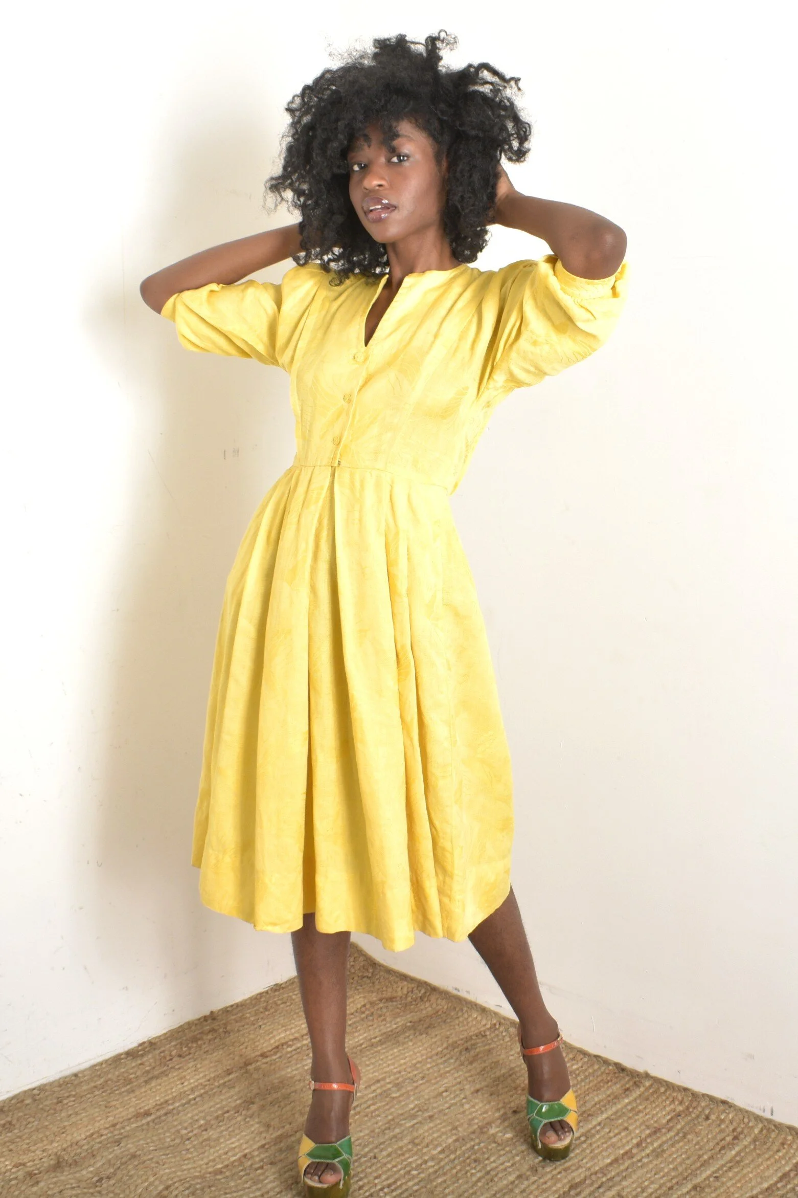 1980s Sunny Linen Puff Sleeve Dress-small  La Poubelle Vintage