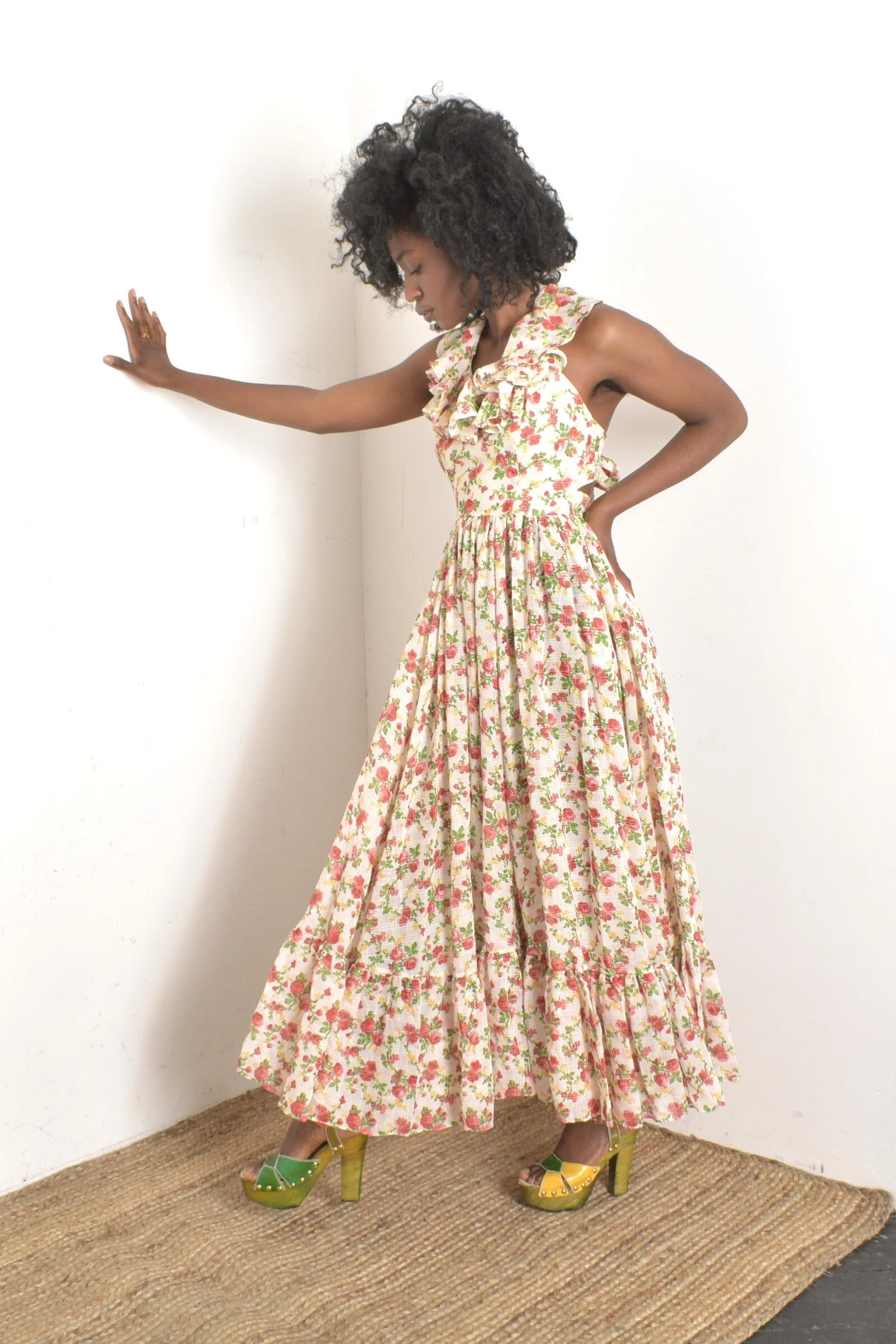 1970s Tie Back Floral Maxi Dress-small  La Poubelle Vintage
