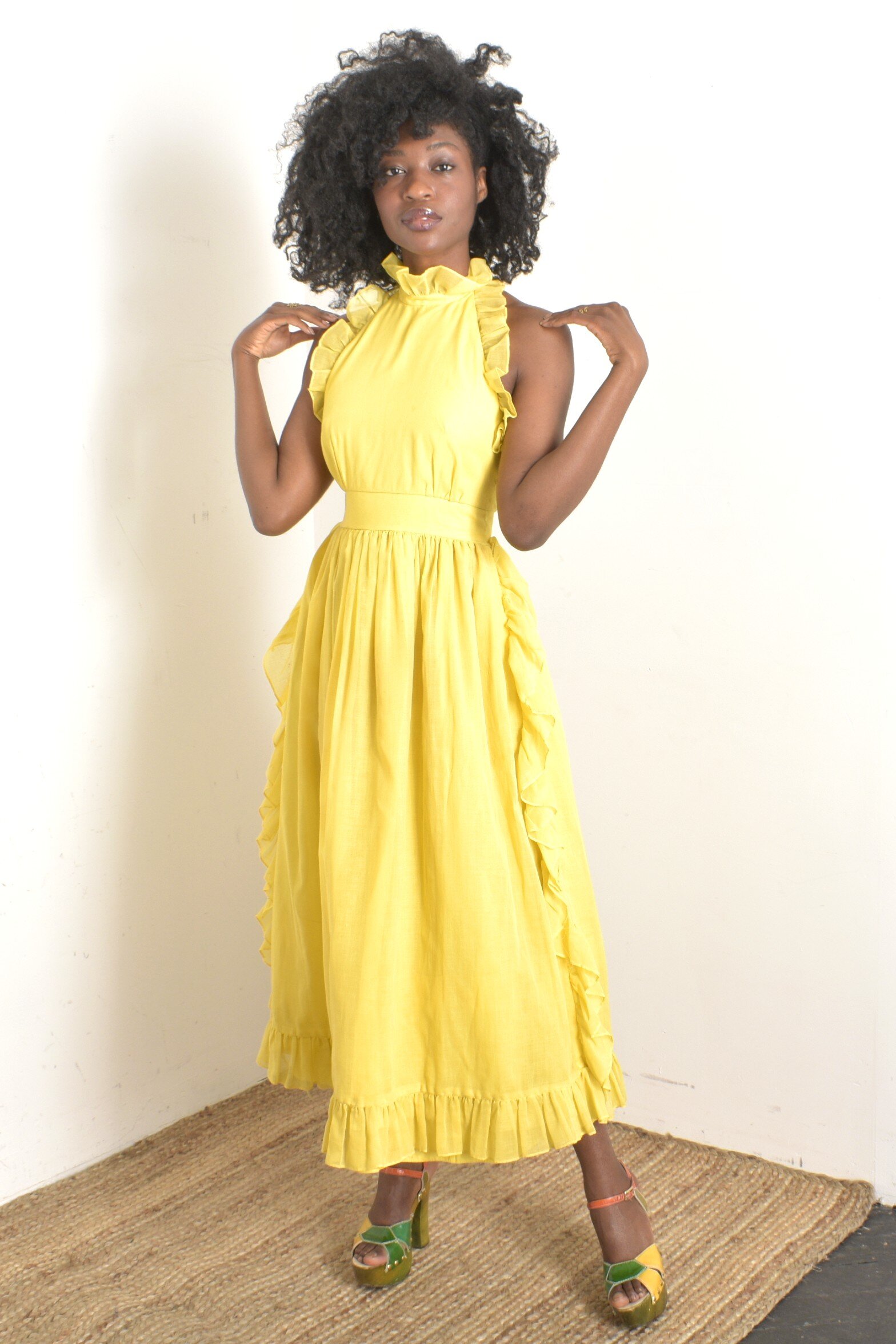 1970s yellow cotton high neck ruffled cotton maxi dress
