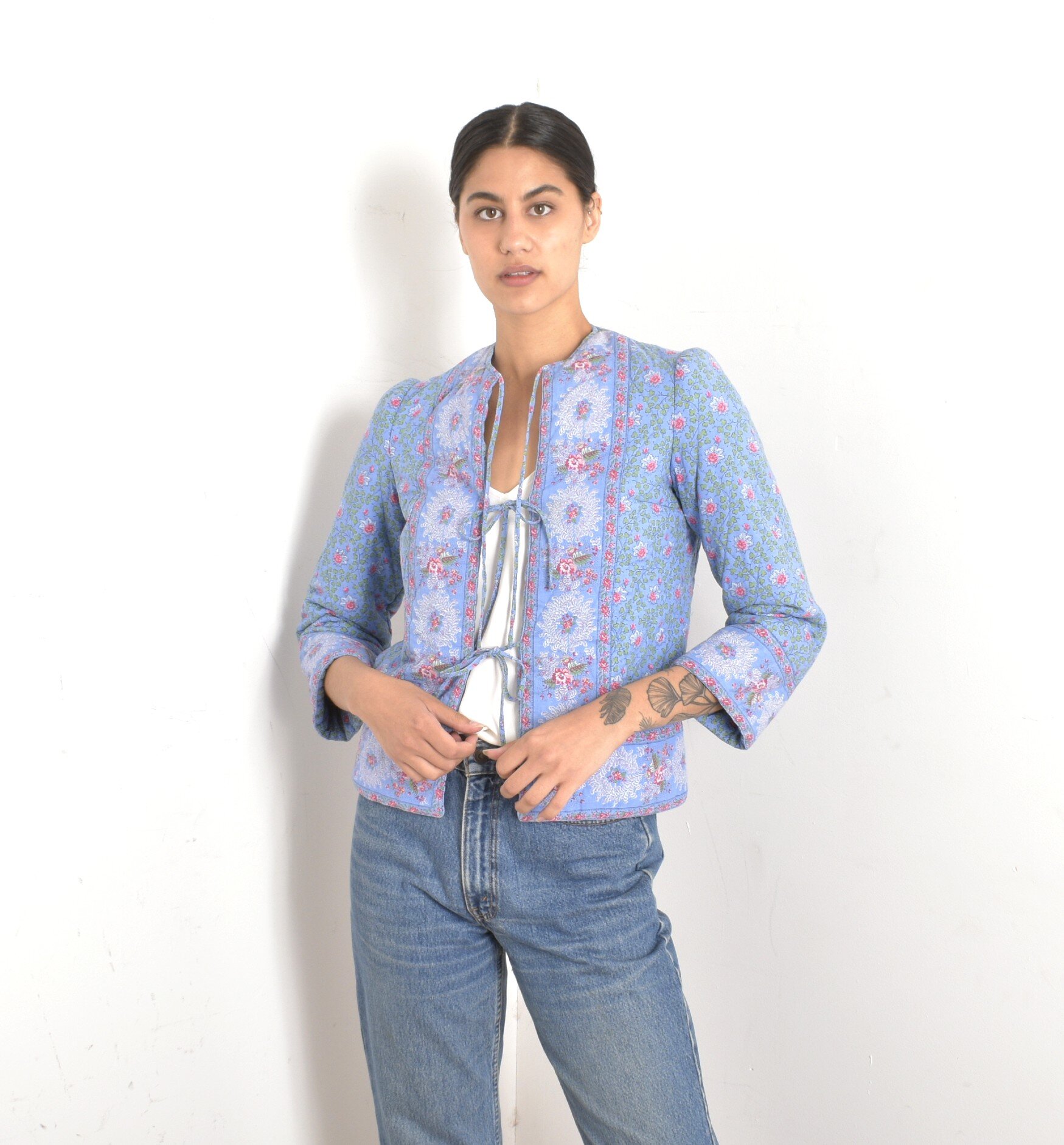 1980s blue purple floral quilted cotton jacket