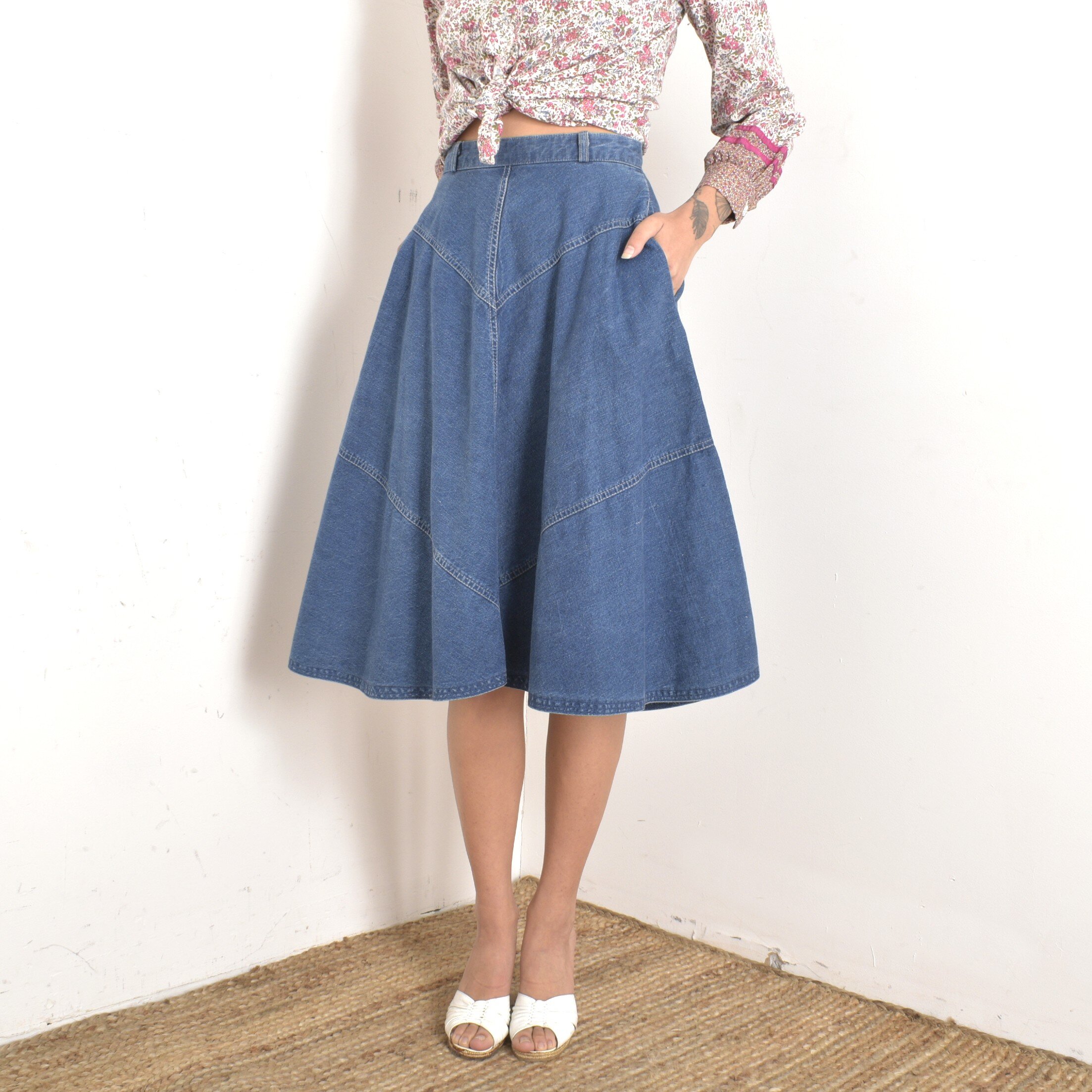 1970s high waisted full denim skirt