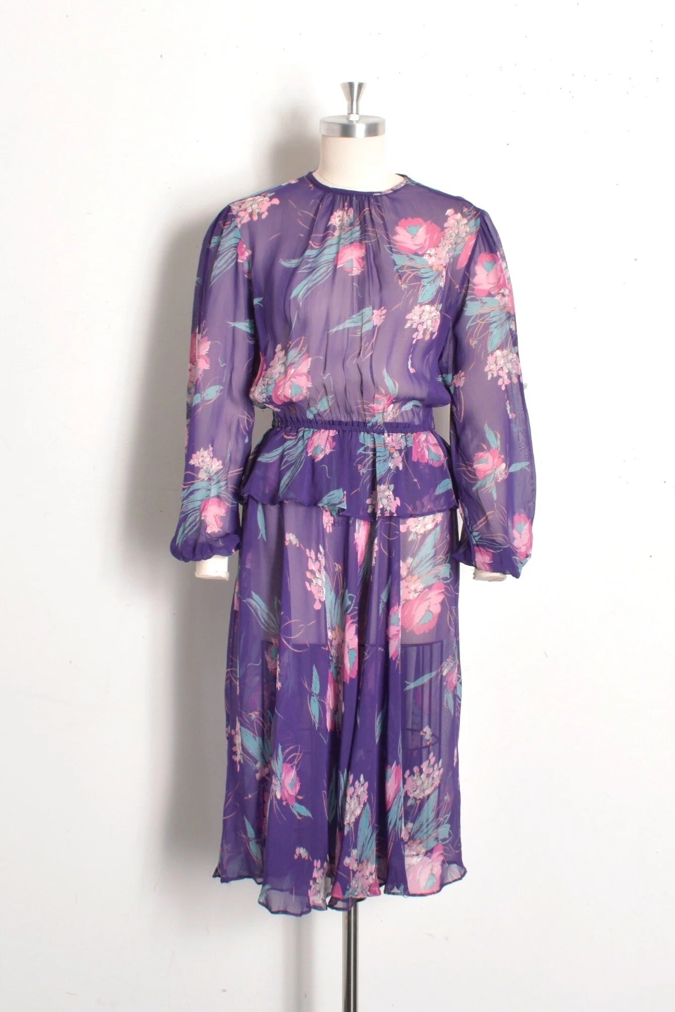 1970s Sheer Floral Peplum Dress-small  La Poubelle Vintage