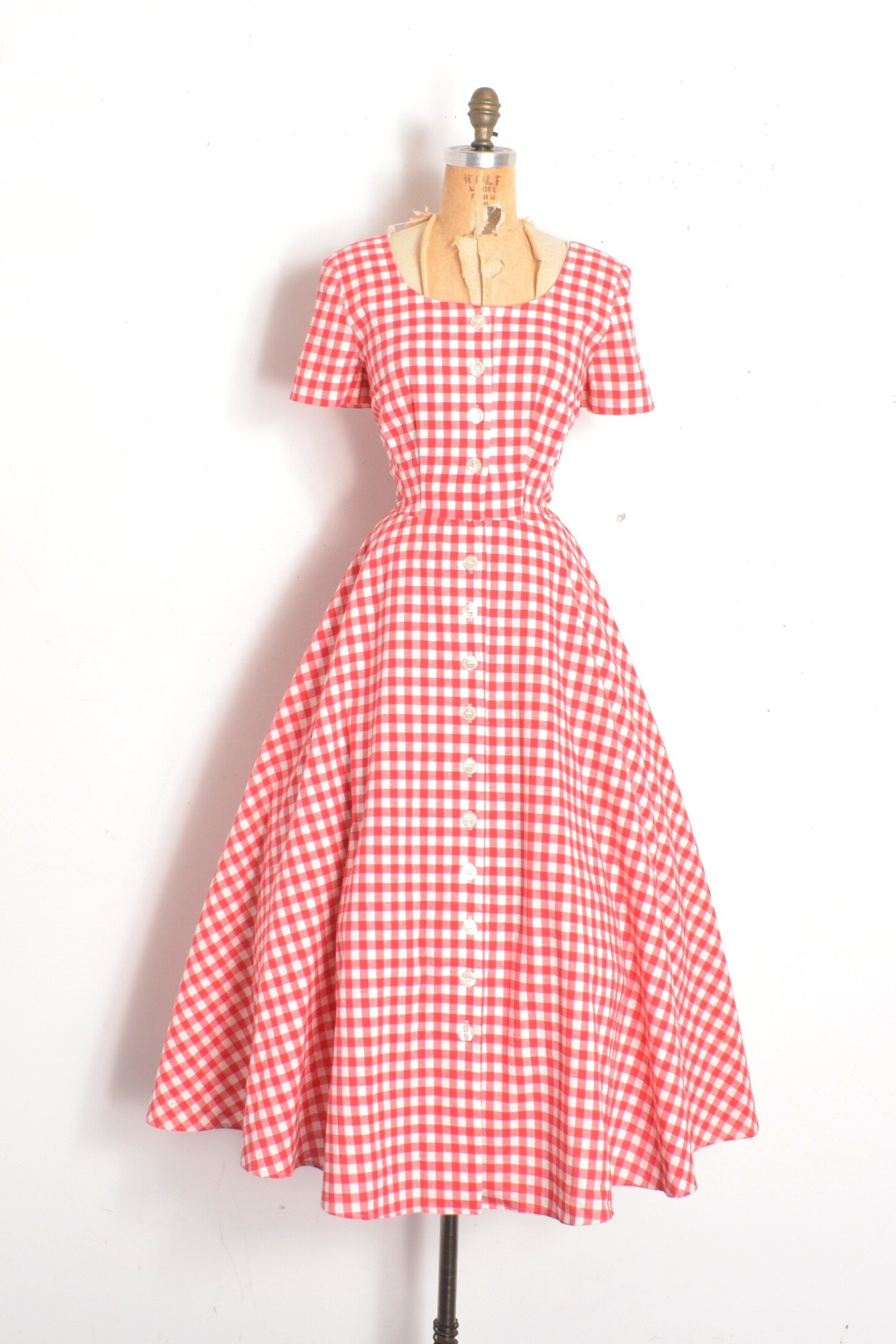 1980s red and white gingham check fit and flare dress