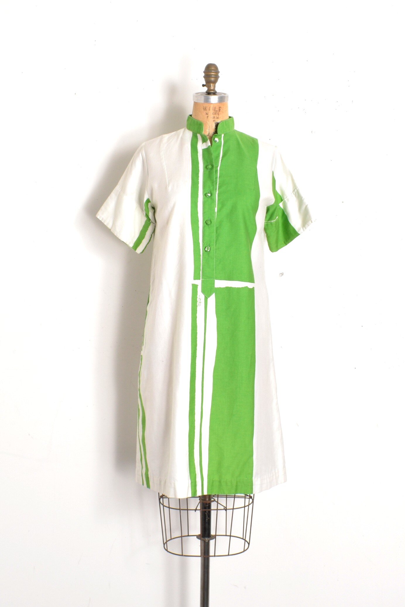 1980s catherine ogust green white printed cotton shift dress