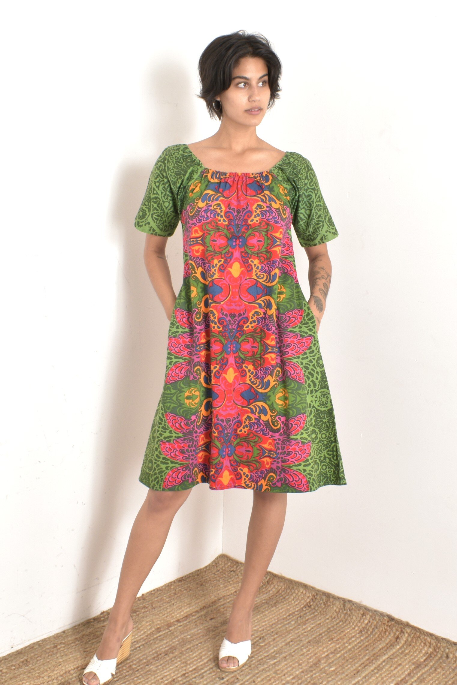 1960s vibrant printed cotton muumuu tent dress