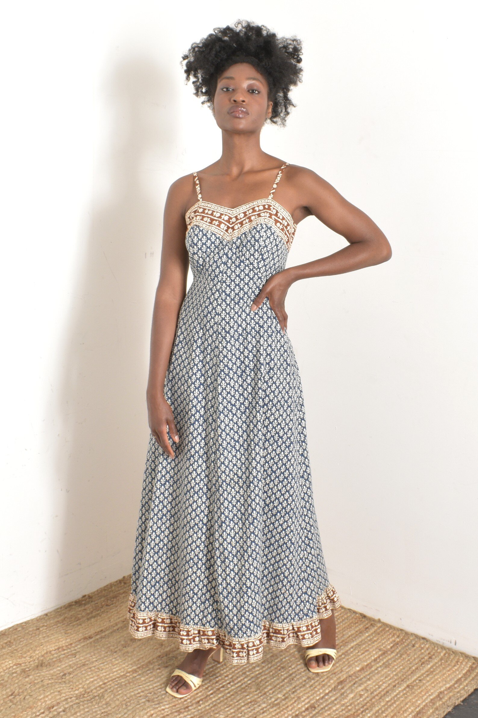 1970s block print flowy cotton maxi dress