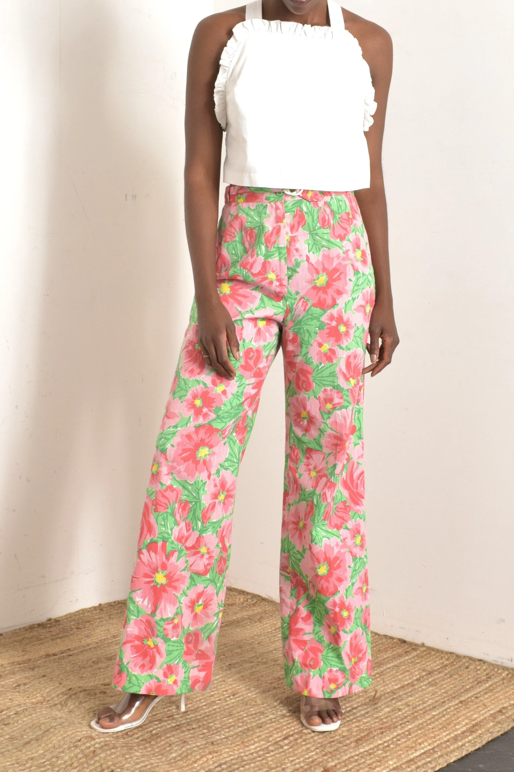 1970s vibrant floral printed green pink wide leg pants